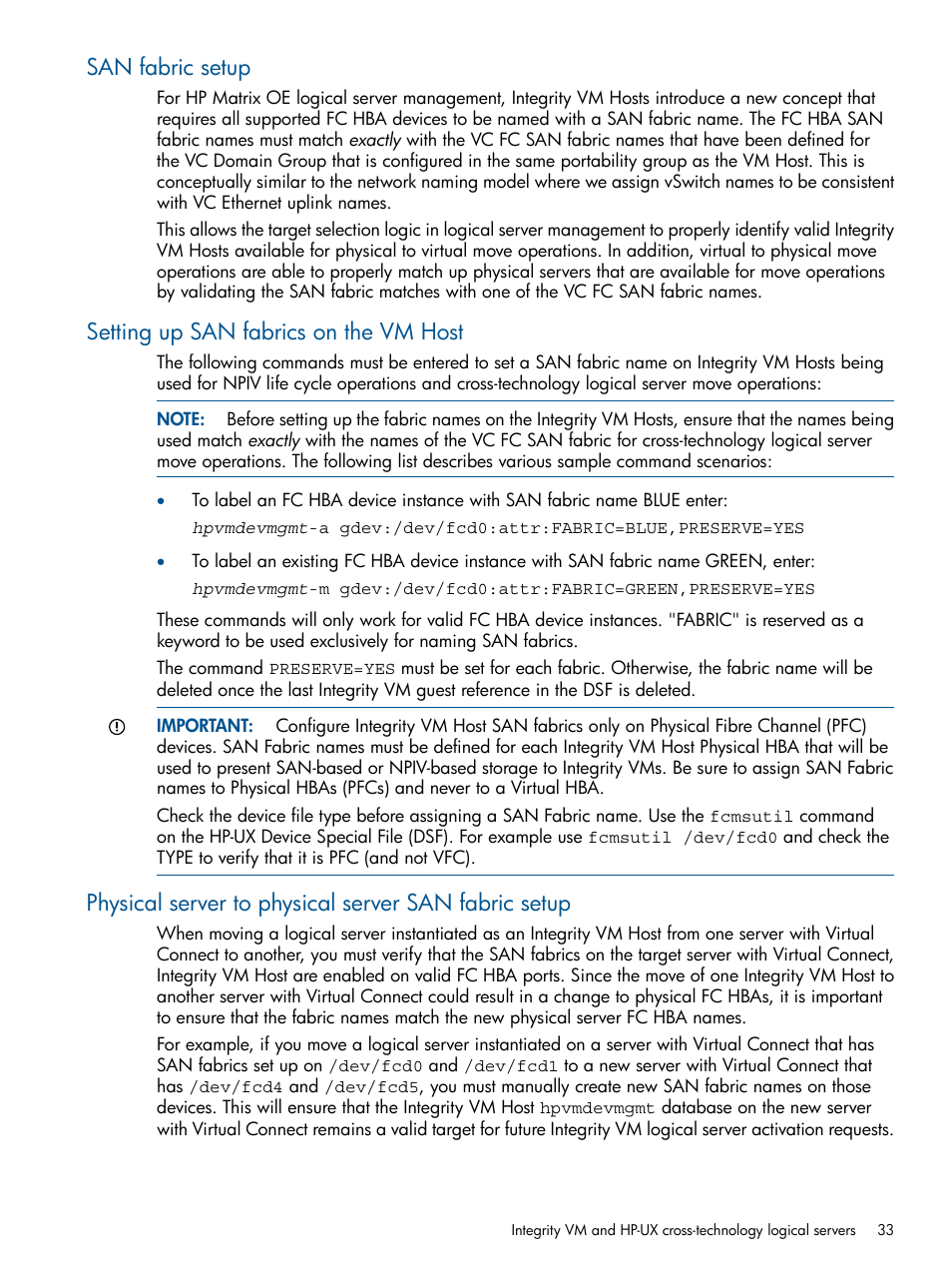 San fabric setup, Setting up san fabrics on the vm host | HP Matrix Operating Environment Software User Manual | Page 33 / 99