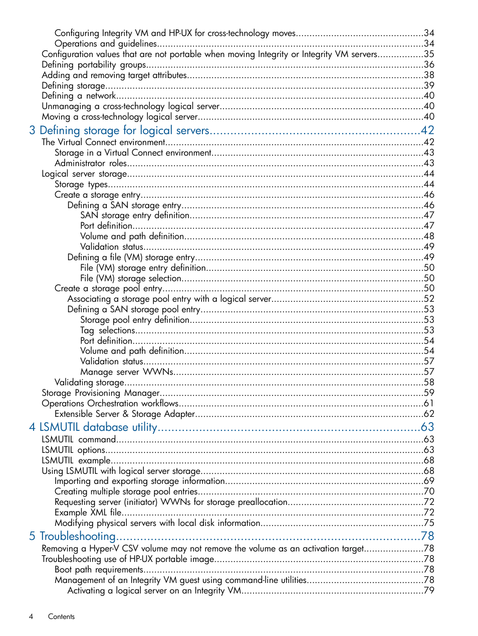 3 defining storage for logical servers, 4 lsmutil database utility, 5 troubleshooting | HP Matrix Operating Environment Software User Manual | Page 4 / 99