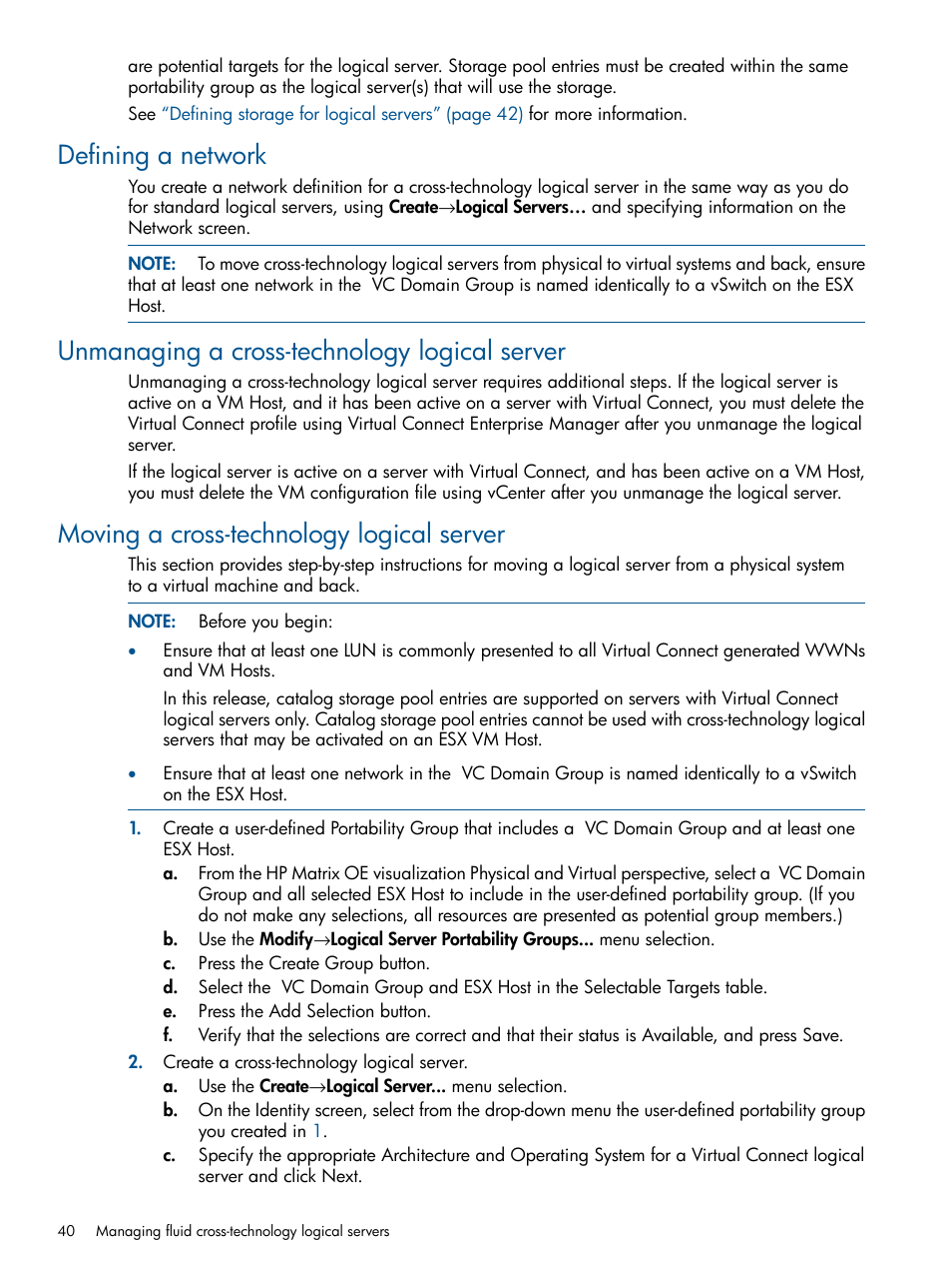 Defining a network, Unmanaging a cross-technology logical server, Moving a cross-technology logical server | HP Matrix Operating Environment Software User Manual | Page 40 / 99