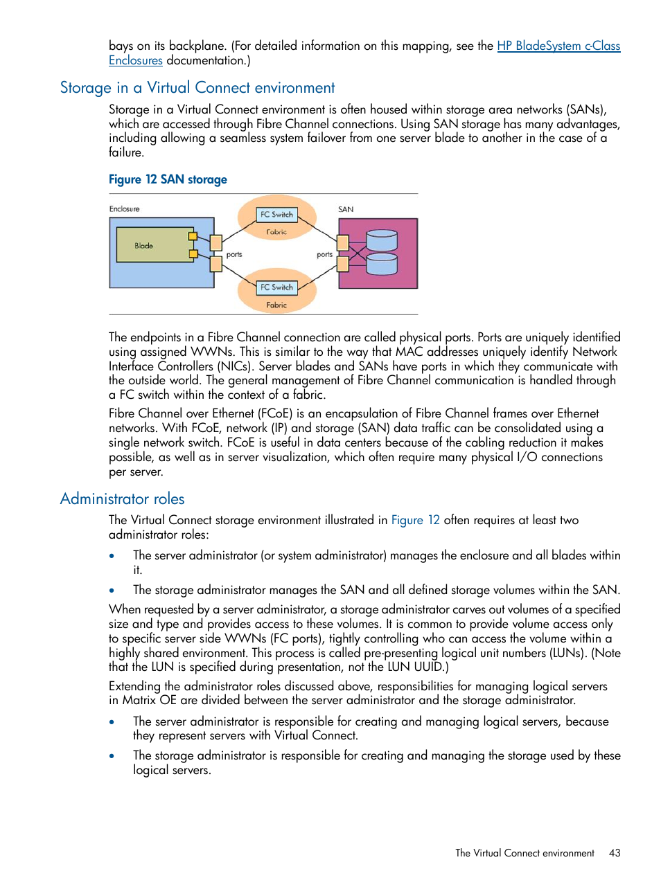 Storage in a virtual connect environment, Administrator roles | HP Matrix Operating Environment Software User Manual | Page 43 / 99