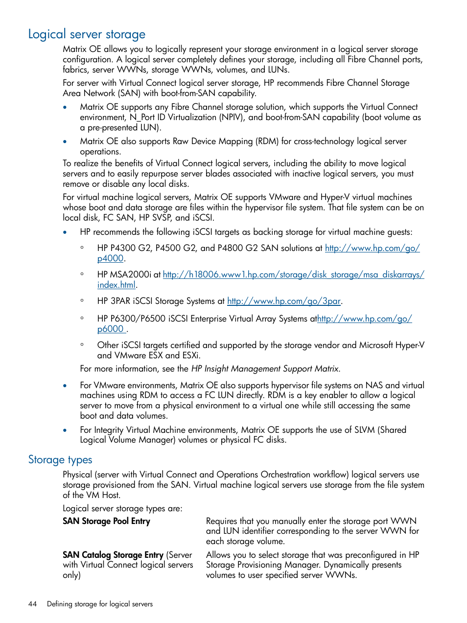 Logical server storage, Storage types | HP Matrix Operating Environment Software User Manual | Page 44 / 99