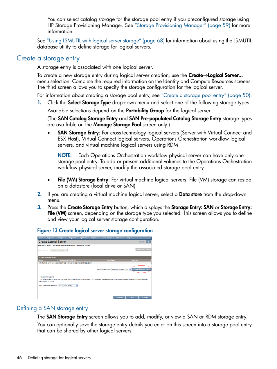 Create a storage entry, Defining a san storage entry | HP Matrix Operating Environment Software User Manual | Page 46 / 99