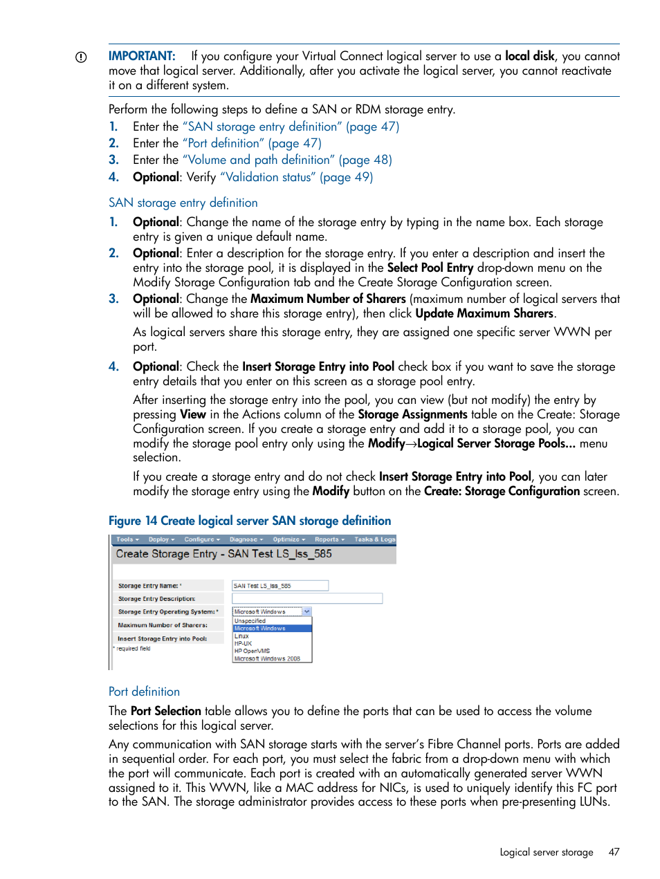 San storage entry definition, Port definition, San storage entry definition port definition | HP Matrix Operating Environment Software User Manual | Page 47 / 99