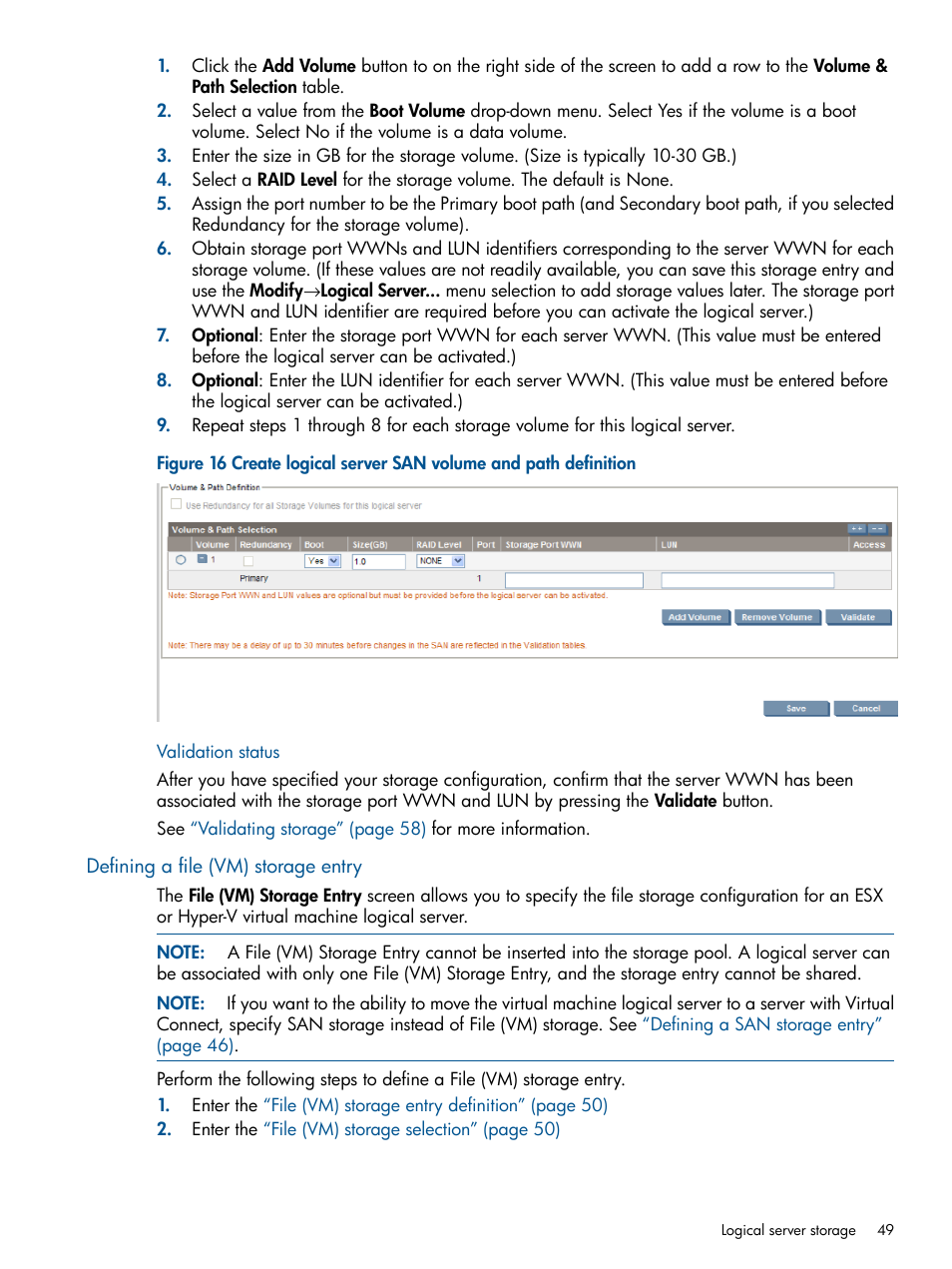 Validation status, Defining a file (vm) storage entry | HP Matrix Operating Environment Software User Manual | Page 49 / 99