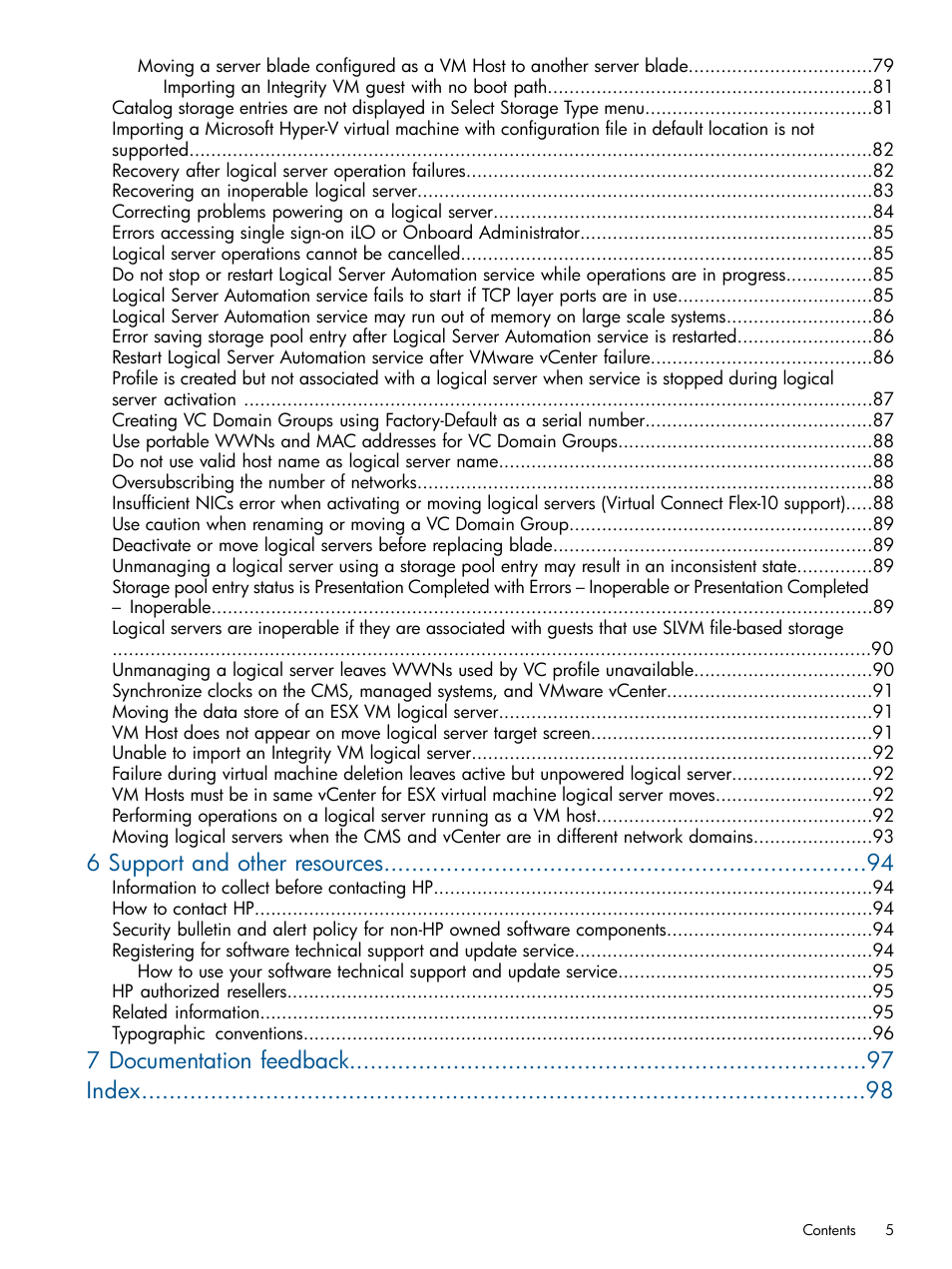 6 support and other resources, 7 documentation feedback index | HP Matrix Operating Environment Software User Manual | Page 5 / 99