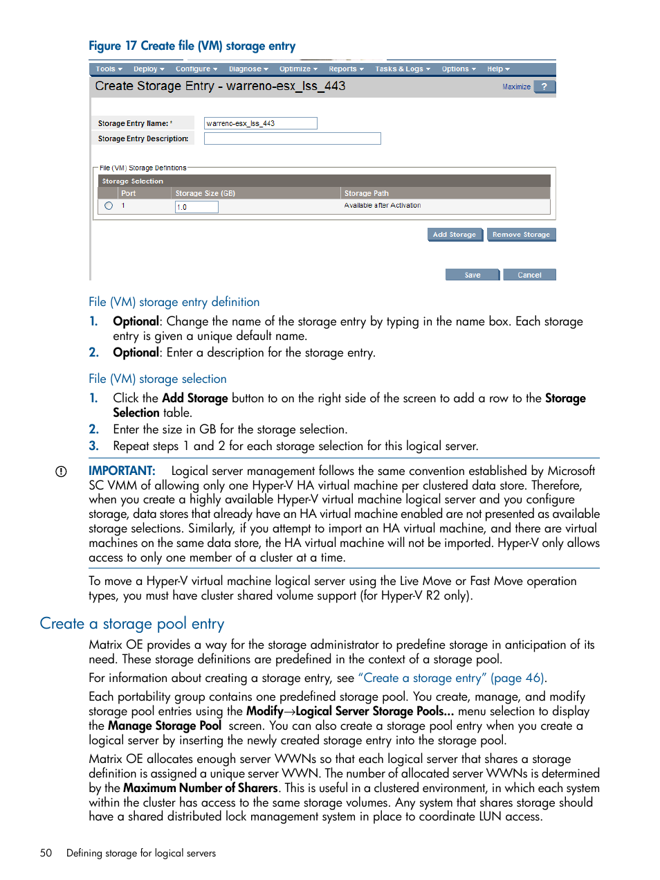 File (vm) storage entry definition, File (vm) storage selection, Create a storage pool entry | HP Matrix Operating Environment Software User Manual | Page 50 / 99