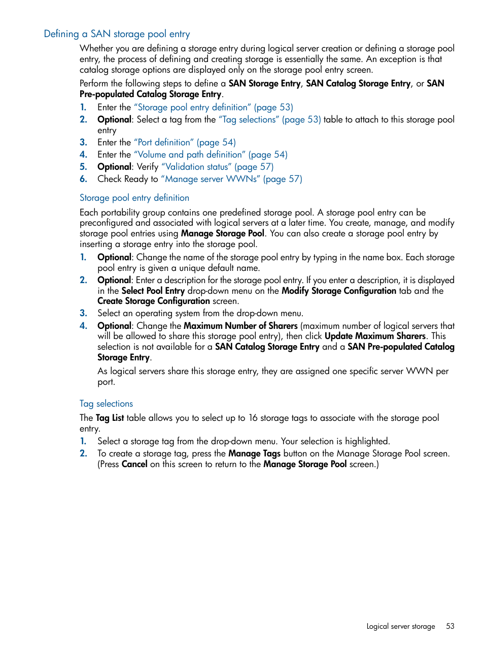 Defining a san storage pool entry, Storage pool entry definition, Tag selections | Storage pool entry definition tag selections | HP Matrix Operating Environment Software User Manual | Page 53 / 99