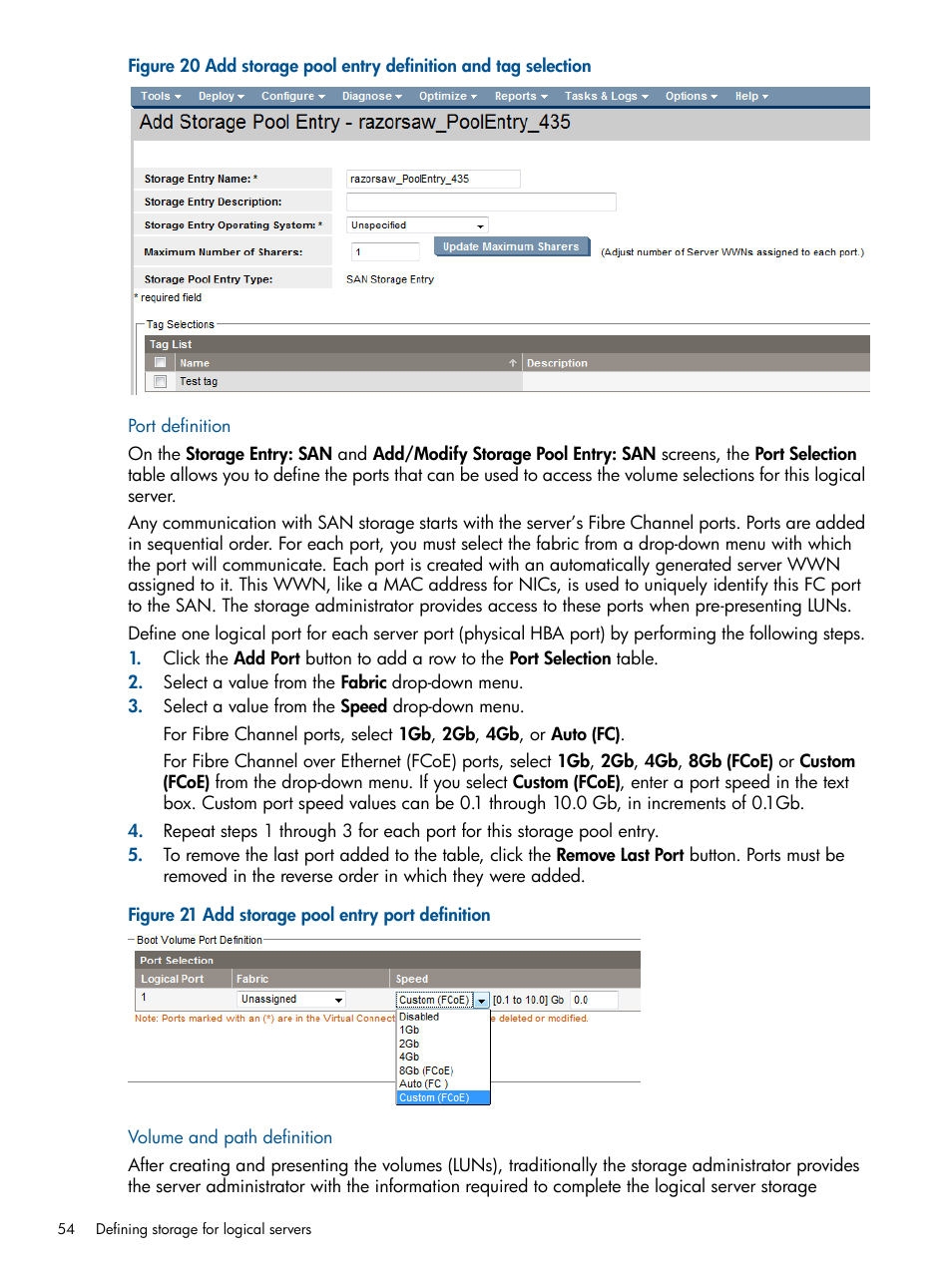 Port definition, Volume and path definition, Port definition volume and path definition | HP Matrix Operating Environment Software User Manual | Page 54 / 99