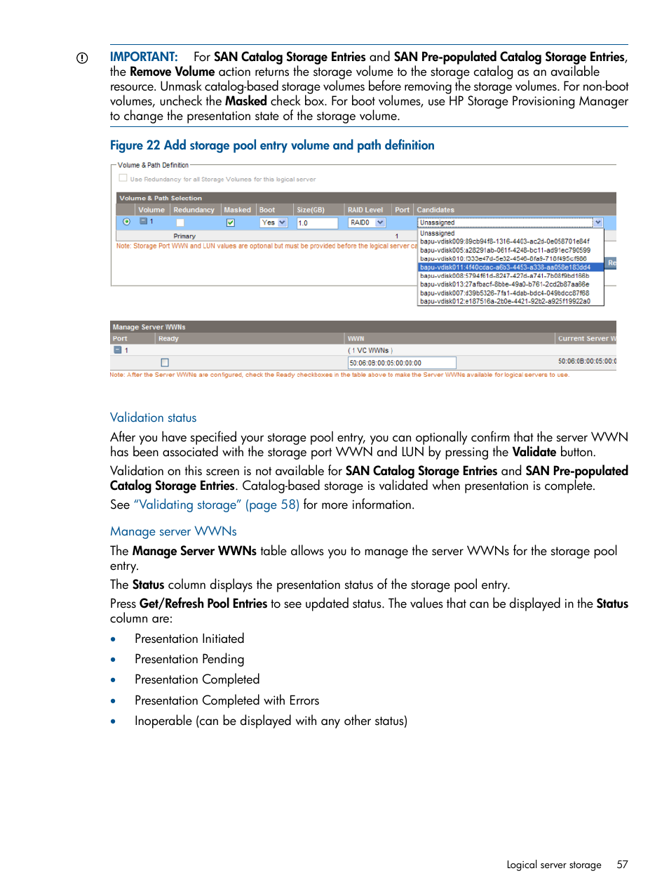 Validation status, Manage server wwns, Validation status manage server wwns | HP Matrix Operating Environment Software User Manual | Page 57 / 99