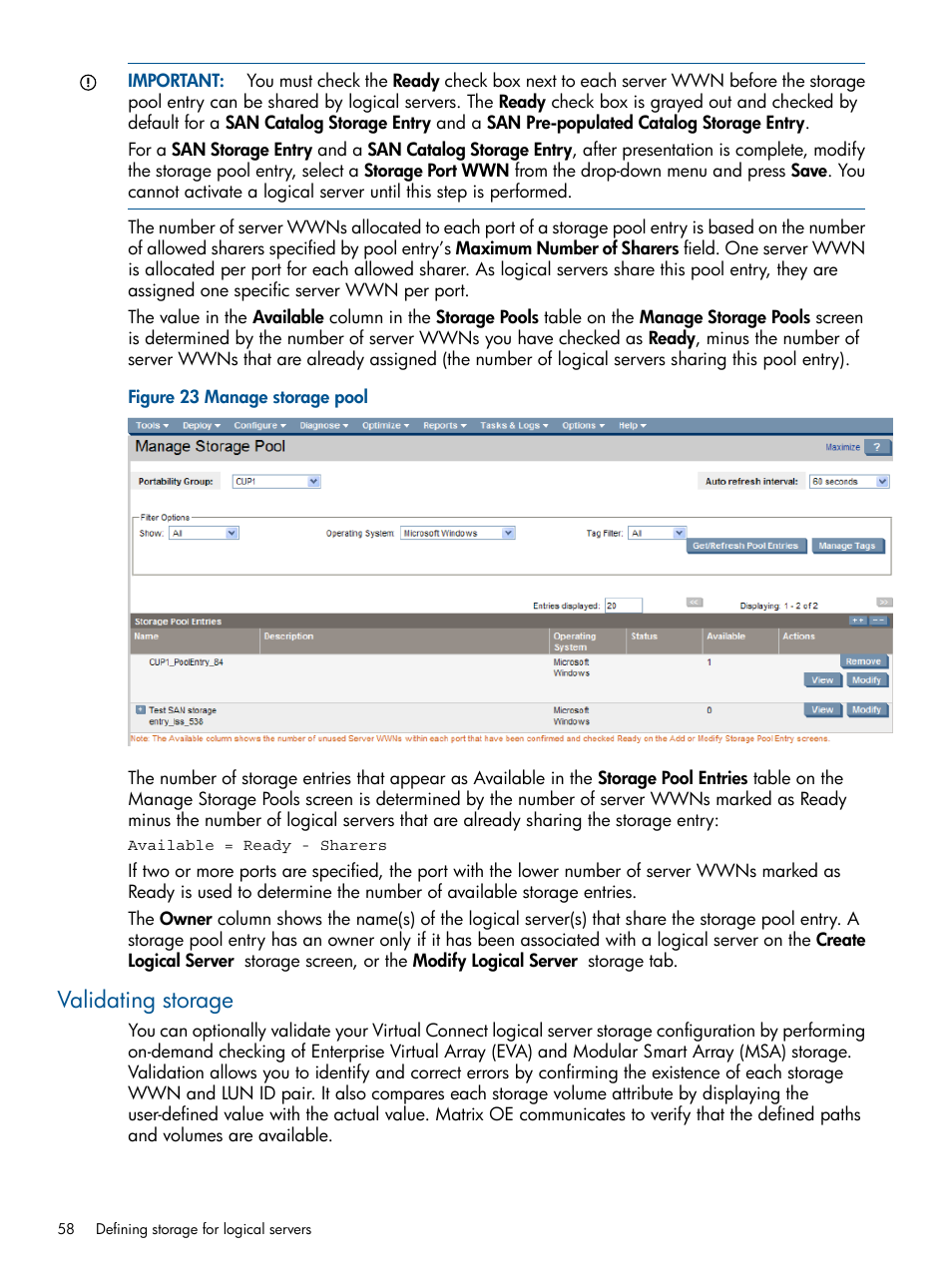 Validating storage | HP Matrix Operating Environment Software User Manual | Page 58 / 99