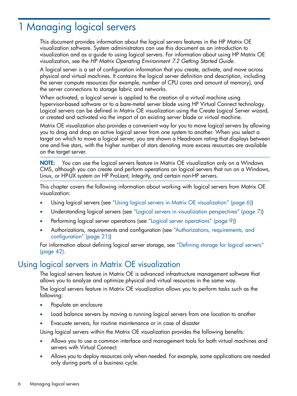 1 managing logical servers, Using logical servers in matrix oe visualization | HP Matrix Operating Environment Software User Manual | Page 6 / 99