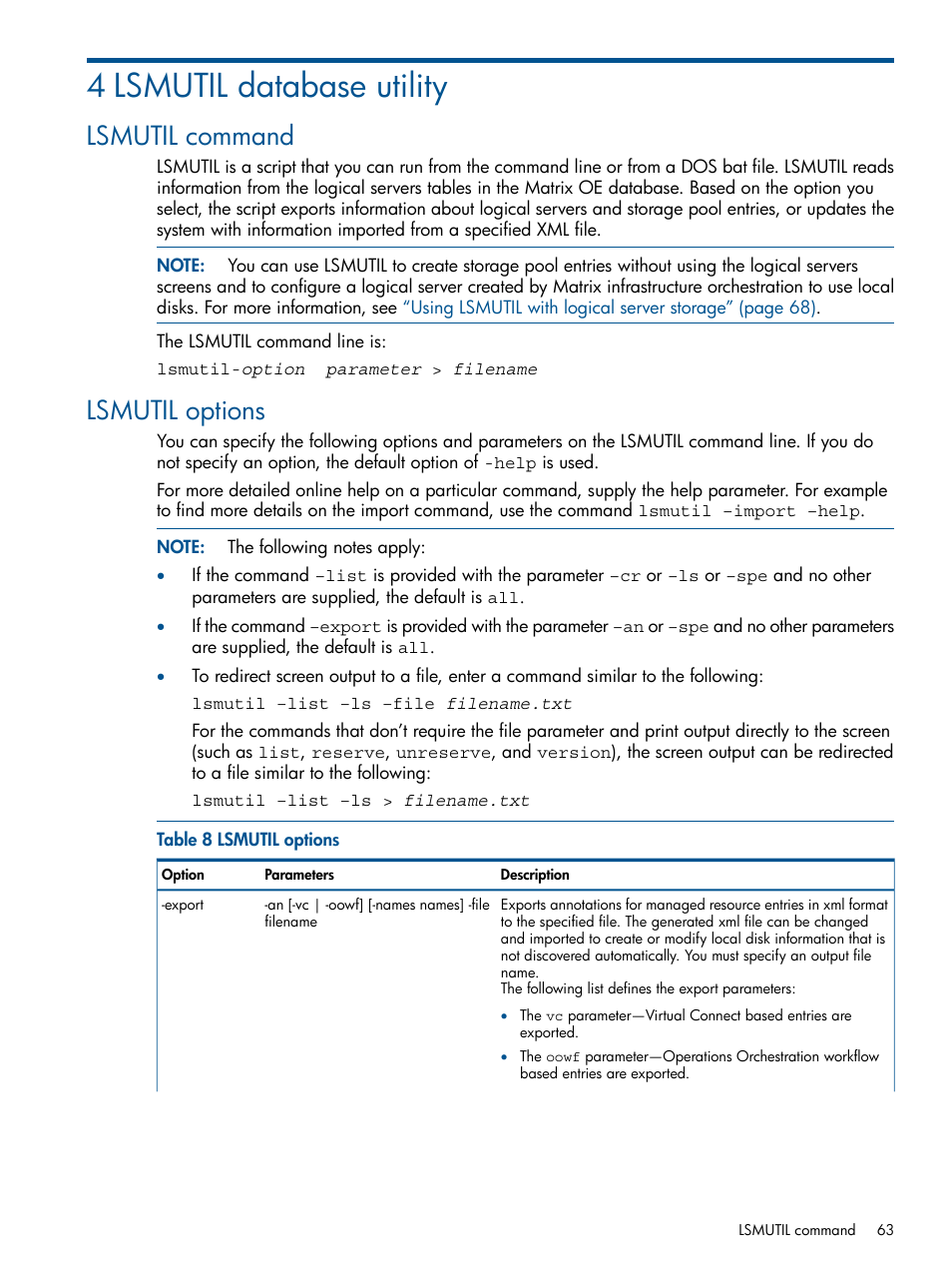 4 lsmutil database utility, Lsmutil command, Lsmutil options | Lsmutil command lsmutil options | HP Matrix Operating Environment Software User Manual | Page 63 / 99
