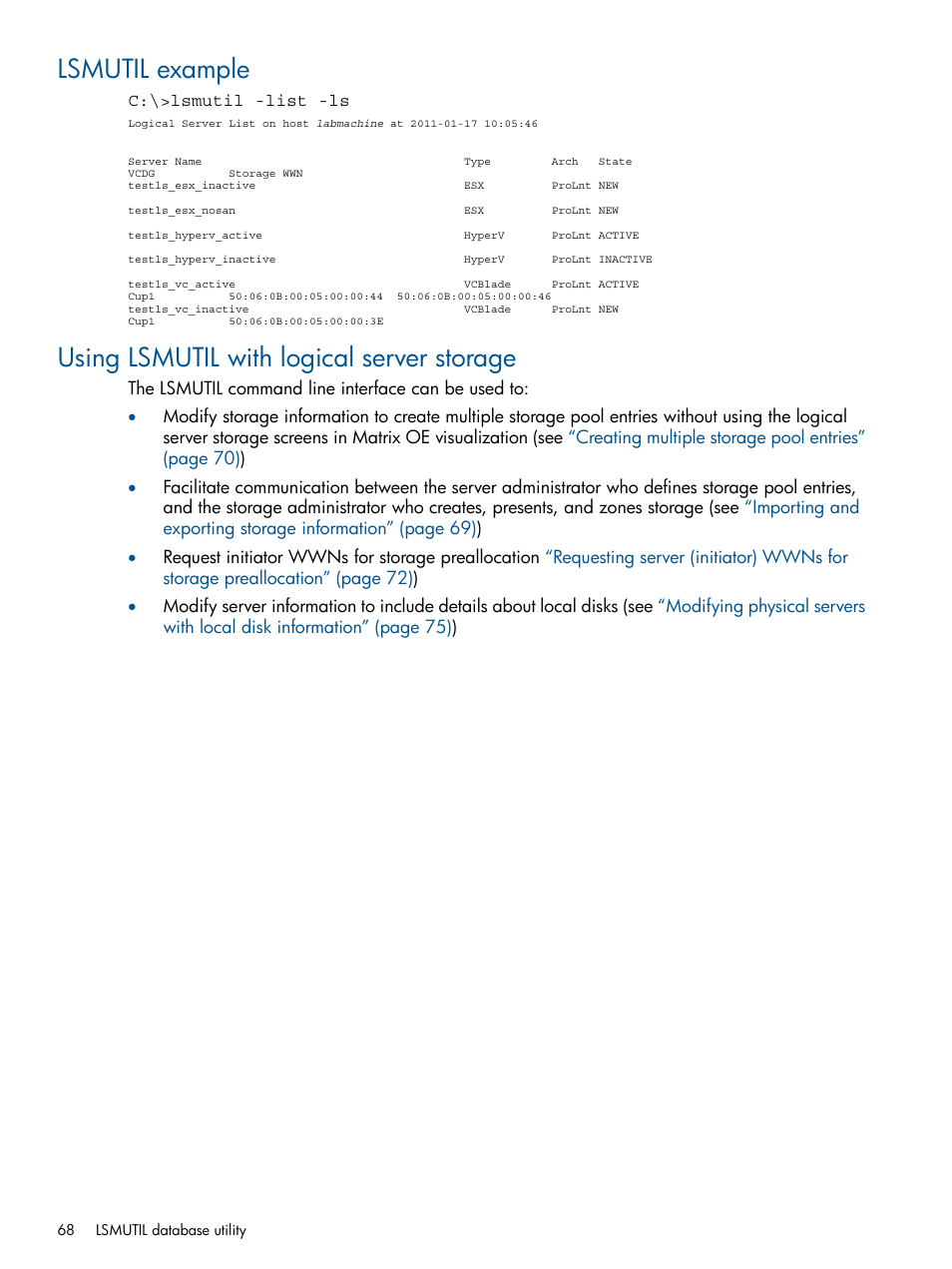 Lsmutil example, Using lsmutil with logical server storage, Using lsmutil | HP Matrix Operating Environment Software User Manual | Page 68 / 99