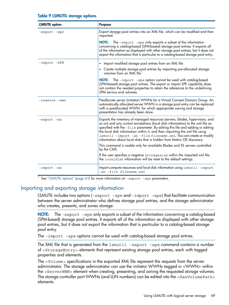 Importing and exporting storage information, Importing and | HP Matrix Operating Environment Software User Manual | Page 69 / 99