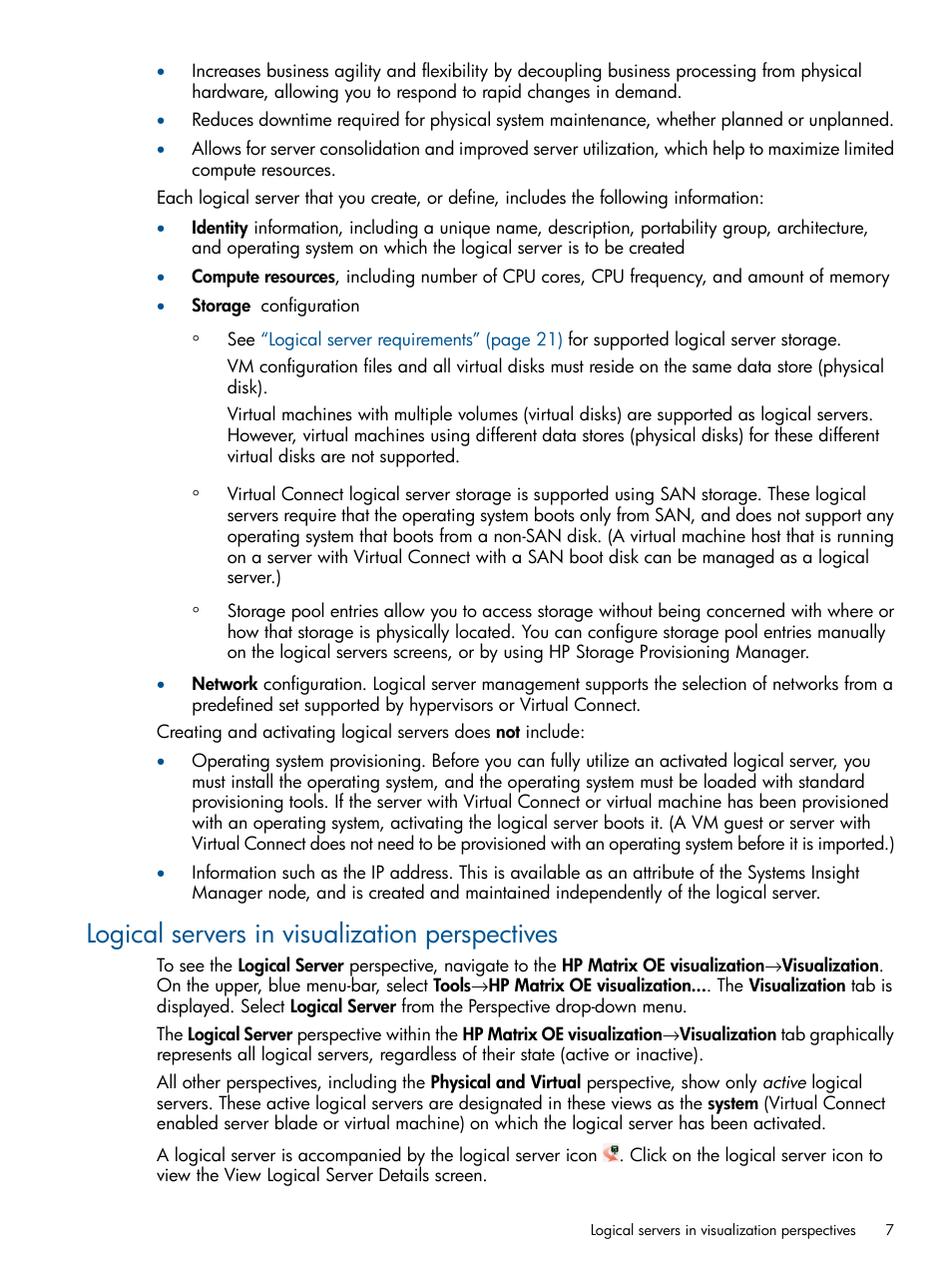 Logical servers in visualization perspectives | HP Matrix Operating Environment Software User Manual | Page 7 / 99