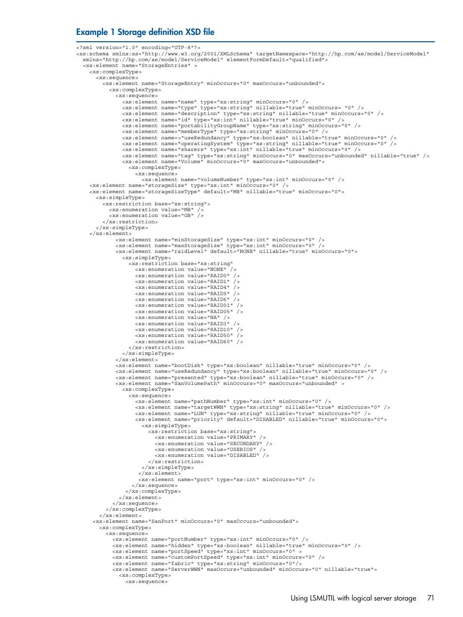 Example 1 “storage definition xsd file | HP Matrix Operating Environment Software User Manual | Page 71 / 99