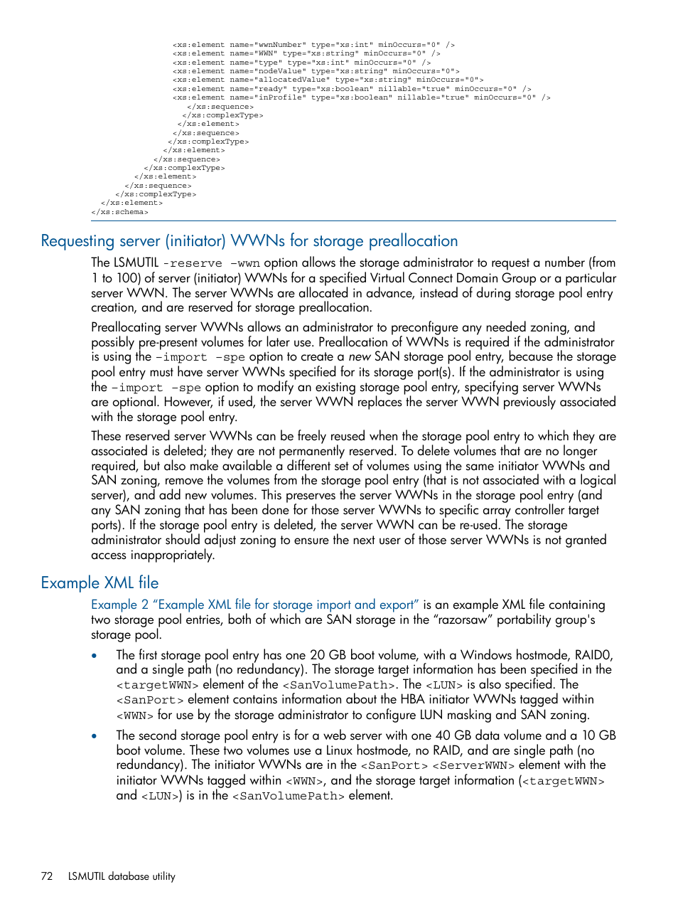 Example xml file, Requesting server (initiator) wwns for | HP Matrix Operating Environment Software User Manual | Page 72 / 99