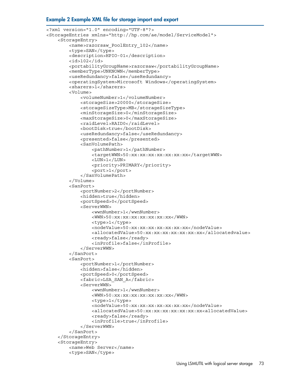 Example 2 “example xml file for storage import and, Export | HP Matrix Operating Environment Software User Manual | Page 73 / 99