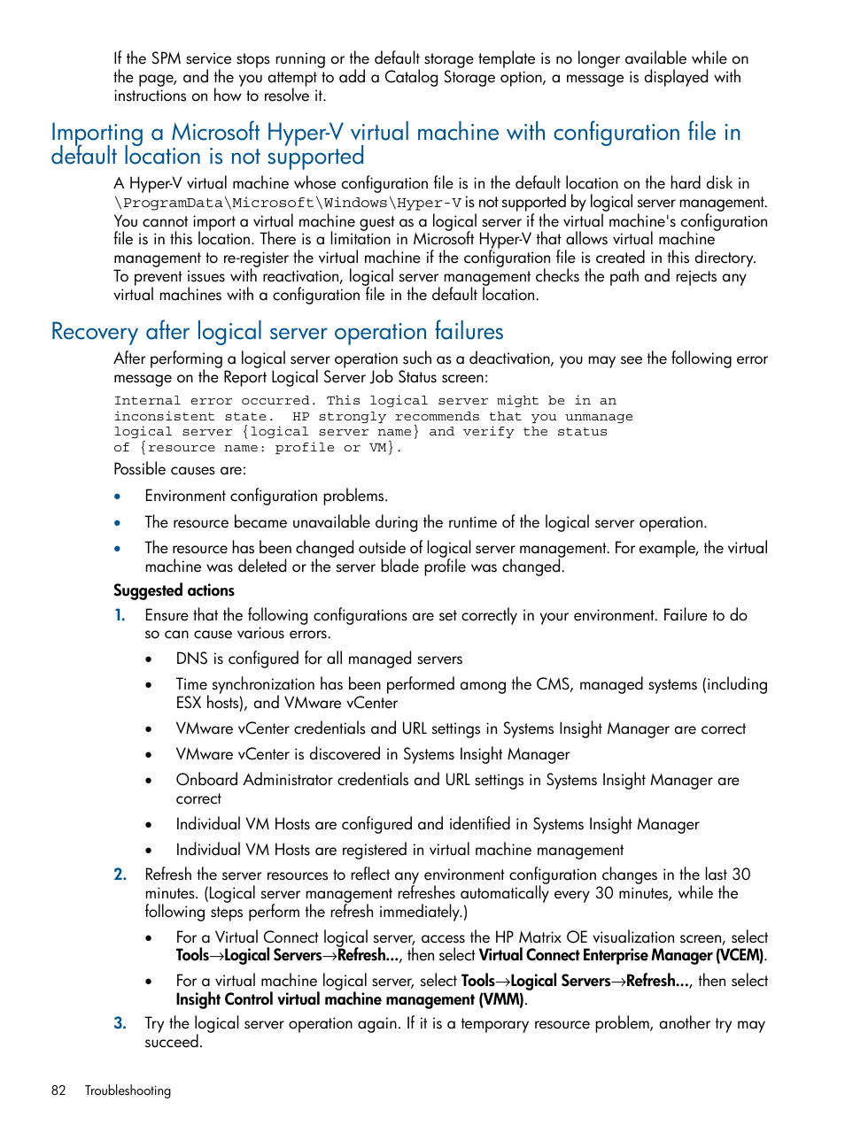 Recovery after logical server operation failures | HP Matrix Operating Environment Software User Manual | Page 82 / 99