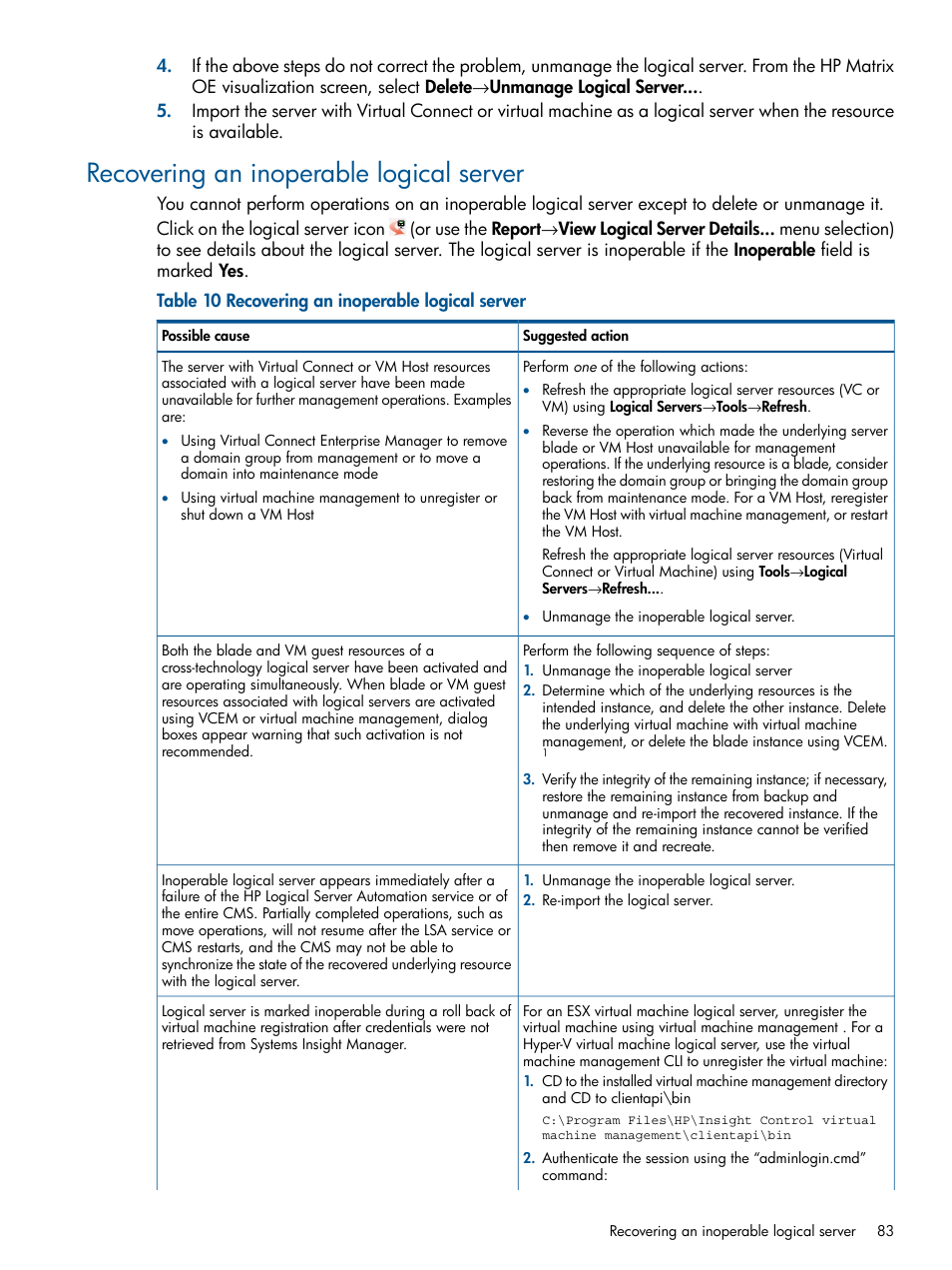 Recovering an inoperable logical server | HP Matrix Operating Environment Software User Manual | Page 83 / 99