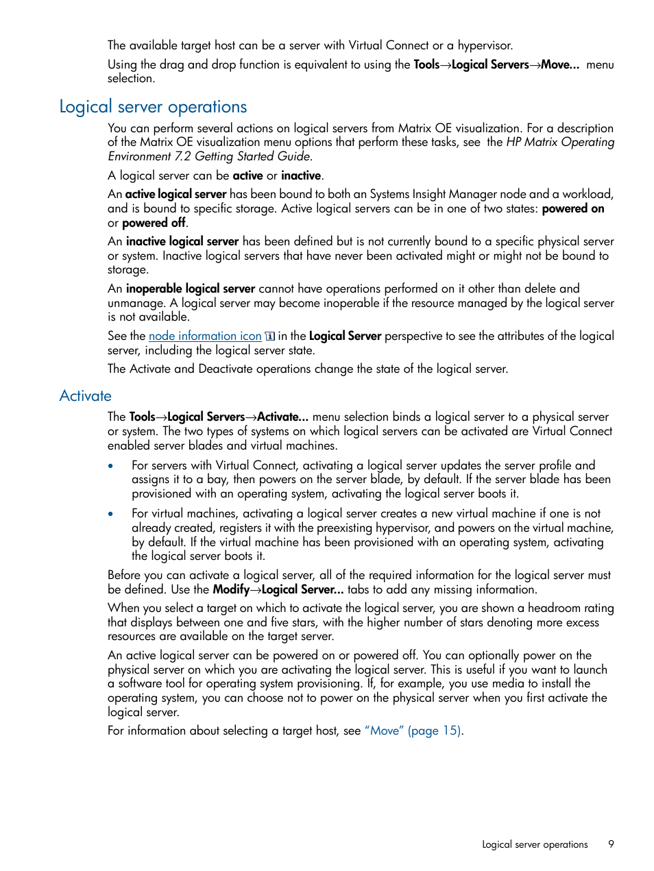 Logical server operations, Activate | HP Matrix Operating Environment Software User Manual | Page 9 / 99
