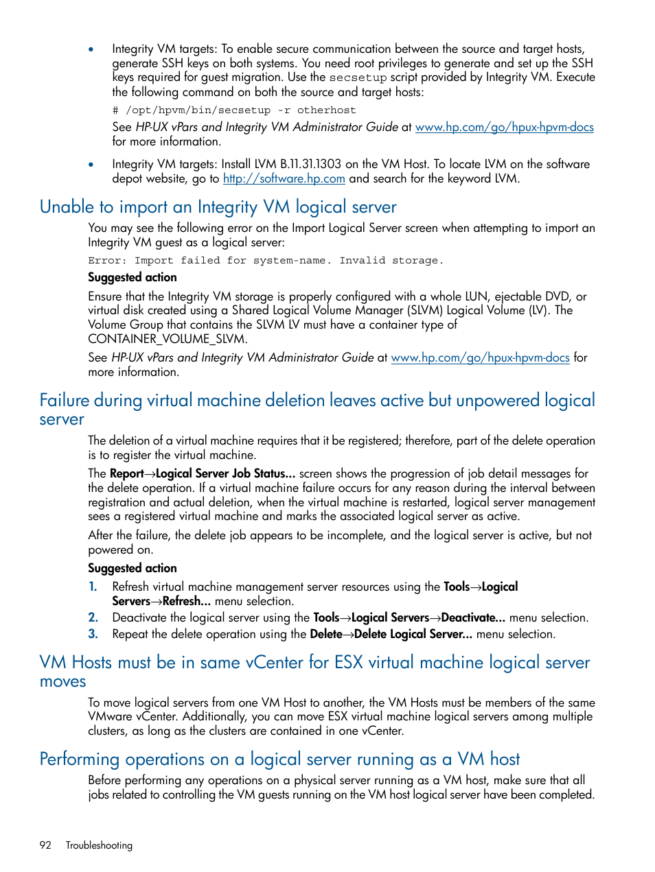 Unable to import an integrity vm logical server | HP Matrix Operating Environment Software User Manual | Page 92 / 99
