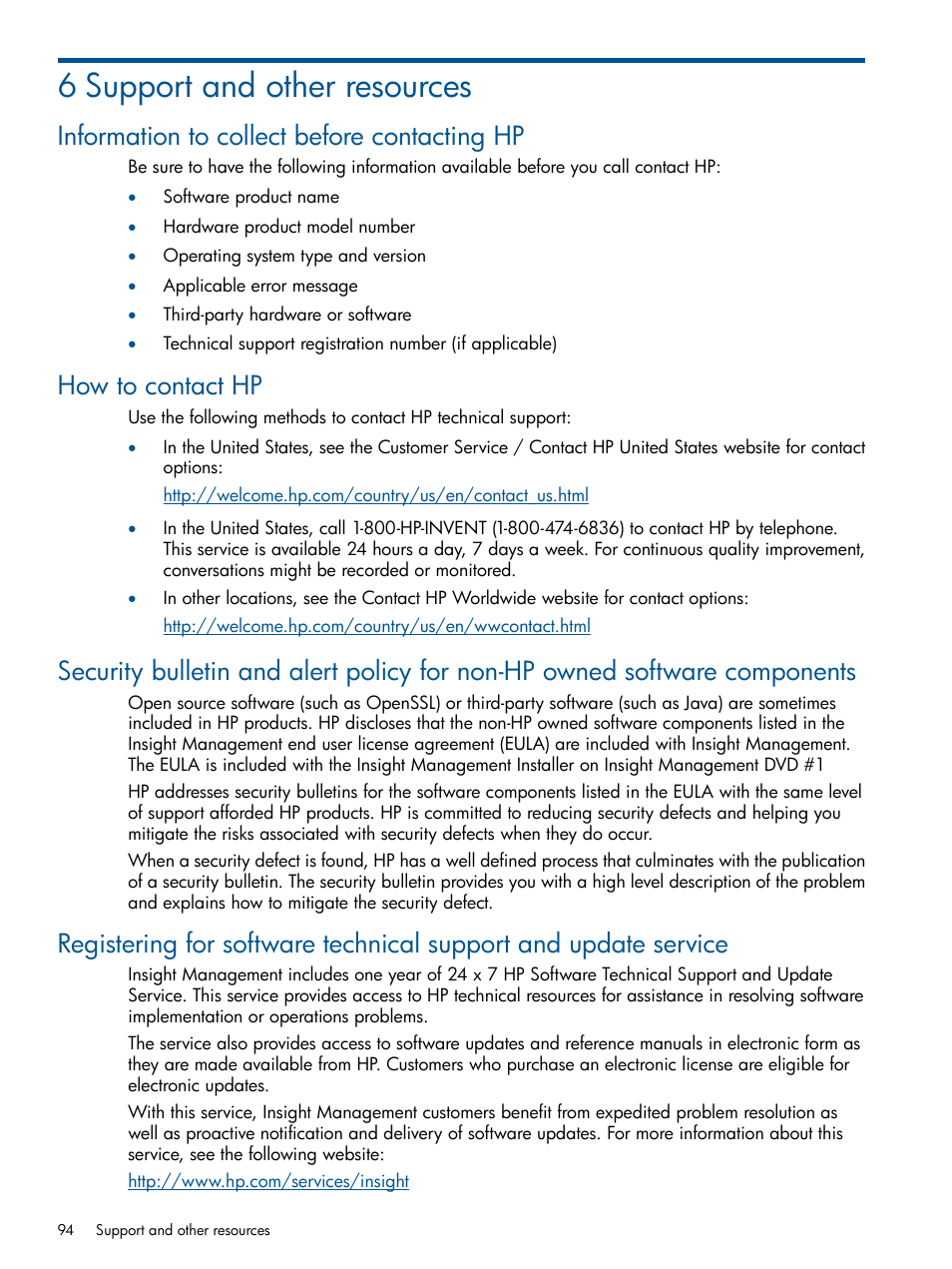 6 support and other resources, Information to collect before contacting hp, How to contact hp | HP Matrix Operating Environment Software User Manual | Page 94 / 99