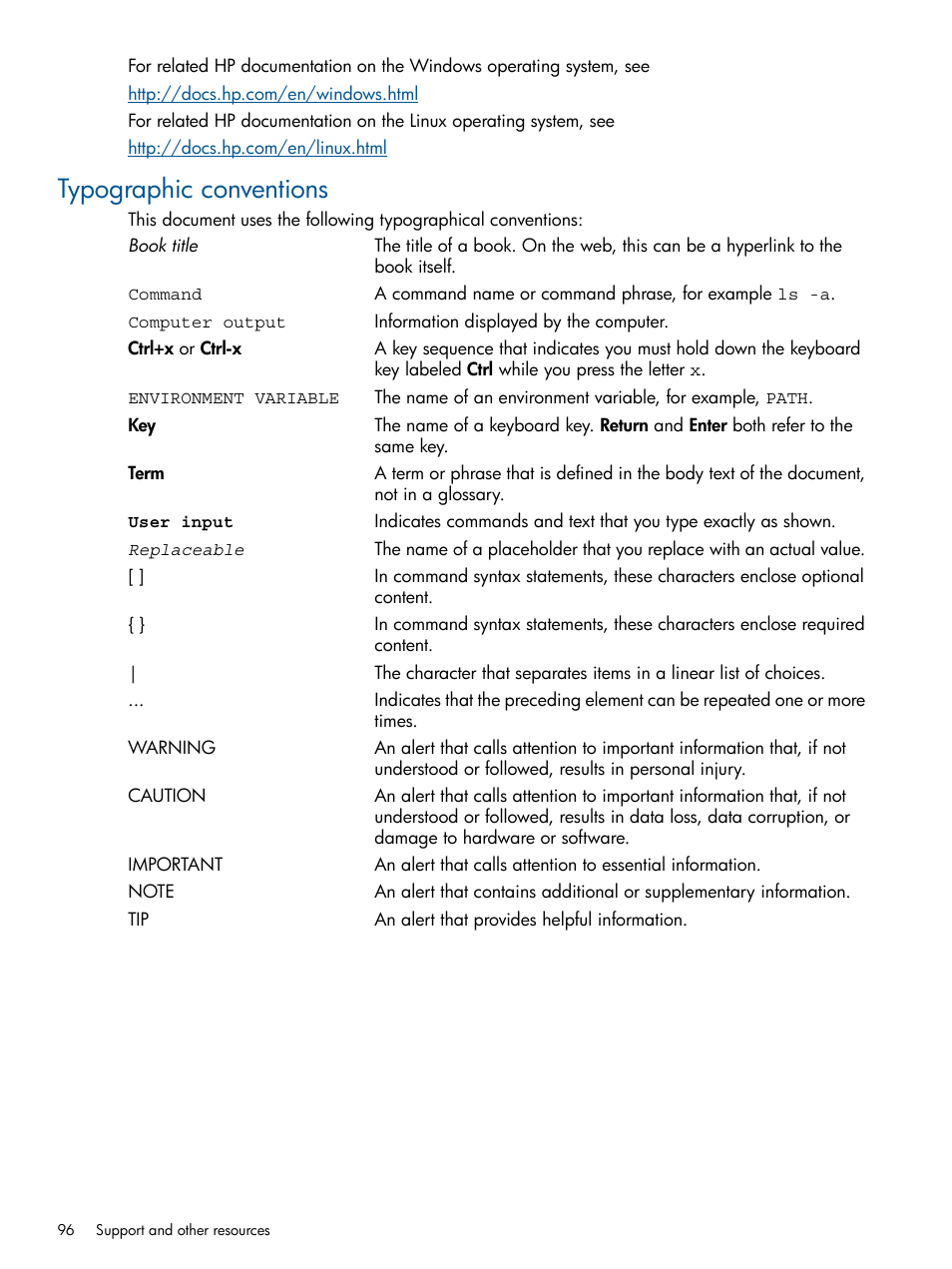 Typographic conventions | HP Matrix Operating Environment Software User Manual | Page 96 / 99
