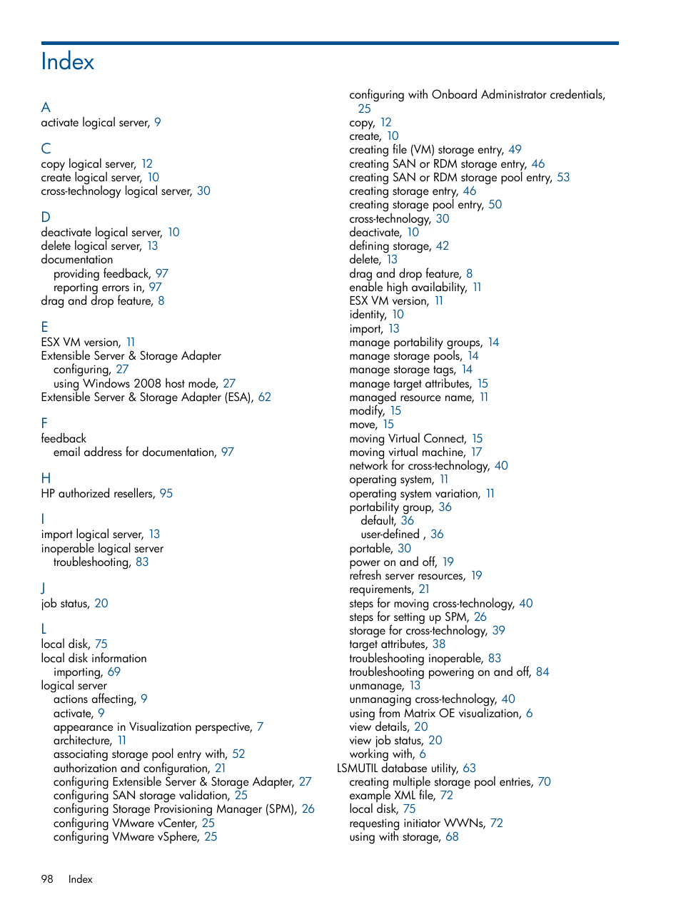 Index | HP Matrix Operating Environment Software User Manual | Page 98 / 99
