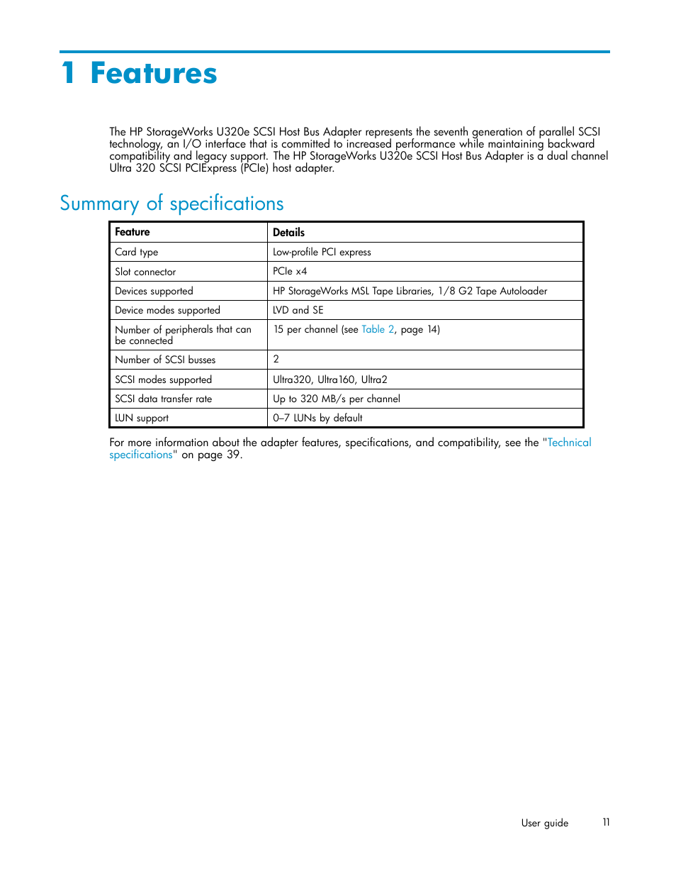 1 features, Summary of specifications | HP PCIe U320 SCSI Host Bus Adapter User Manual | Page 11 / 61