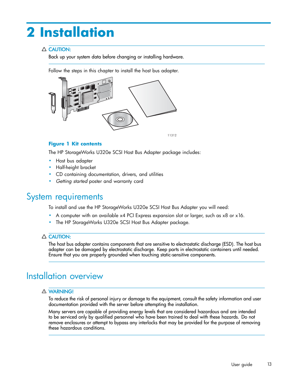 2 installation, System requirements, Installation overview | Kit contents | HP PCIe U320 SCSI Host Bus Adapter User Manual | Page 13 / 61