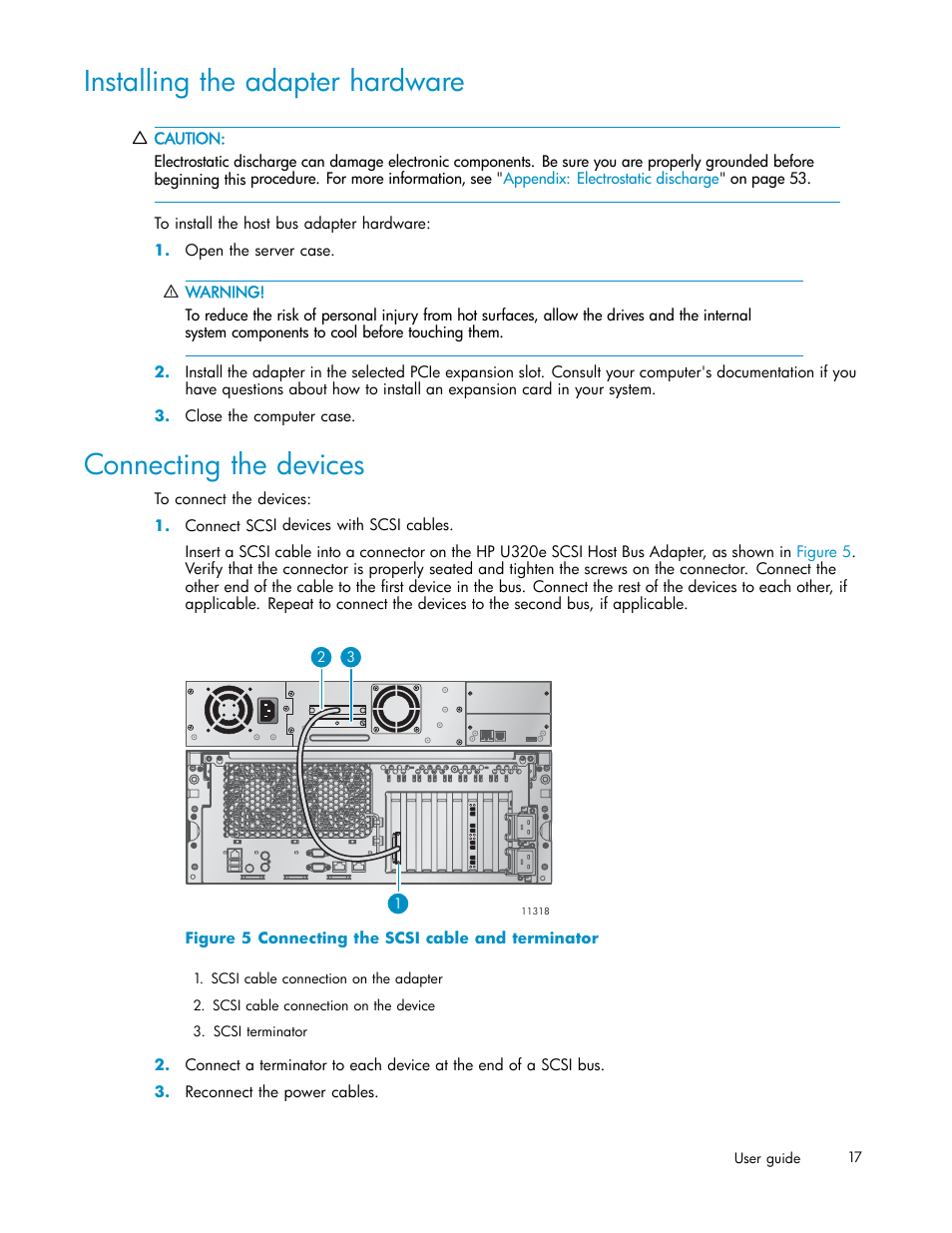 Installing the adapter hardware, Connecting the devices, Connecting the scsi cable and terminator | HP PCIe U320 SCSI Host Bus Adapter User Manual | Page 17 / 61