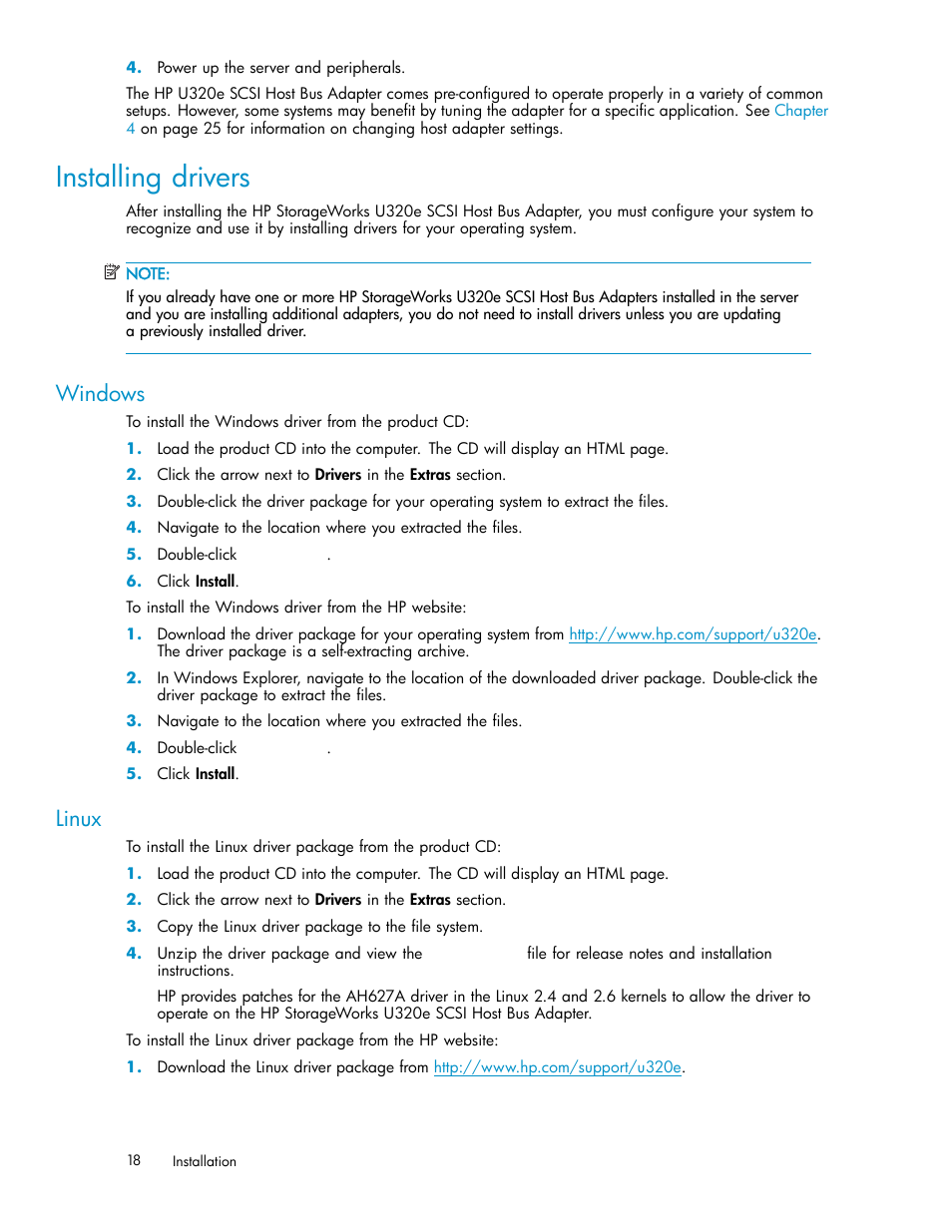 Installing drivers, Windows, Linux | Updating firmware | HP PCIe U320 SCSI Host Bus Adapter User Manual | Page 18 / 61