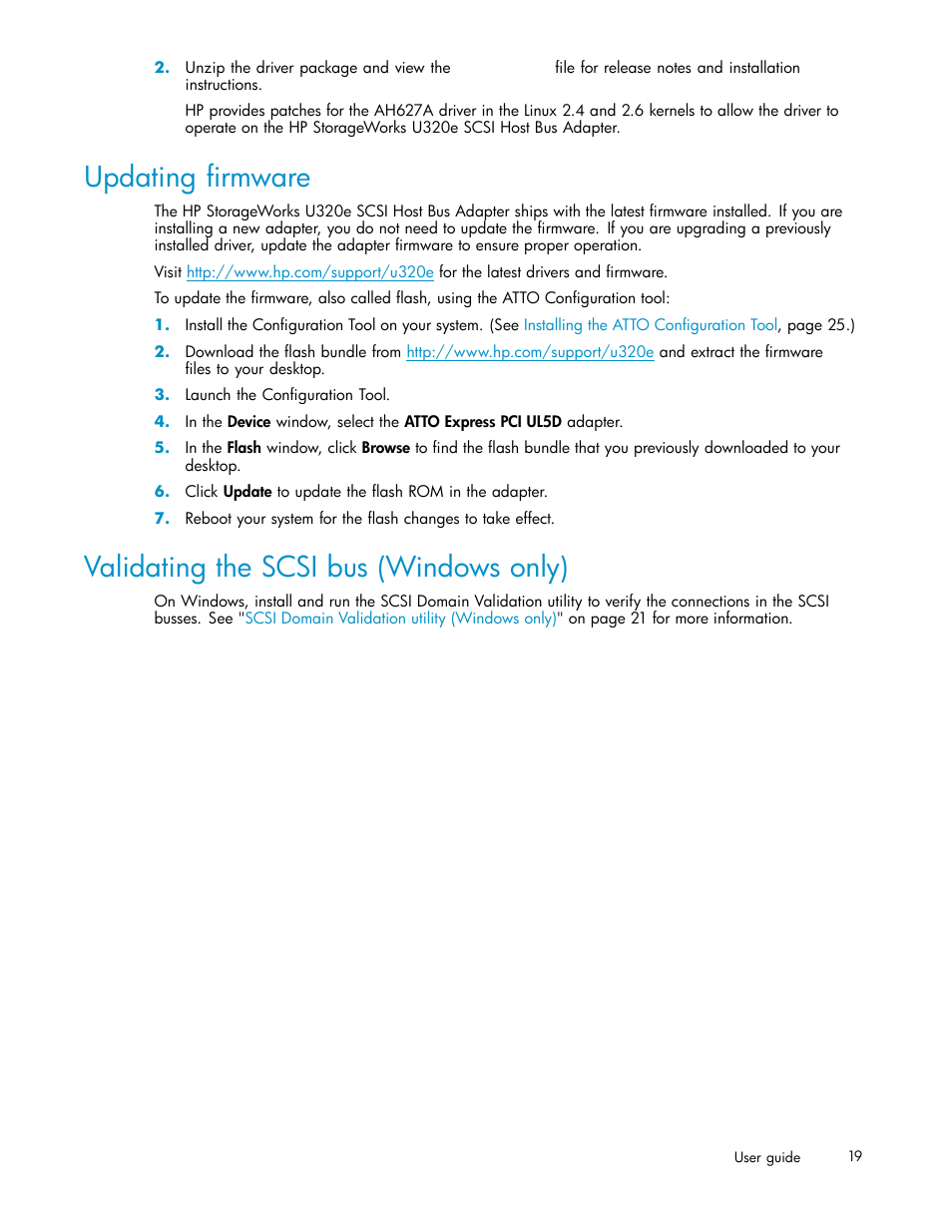 Validating the scsi bus (windows only), Updating firmware | HP PCIe U320 SCSI Host Bus Adapter User Manual | Page 19 / 61