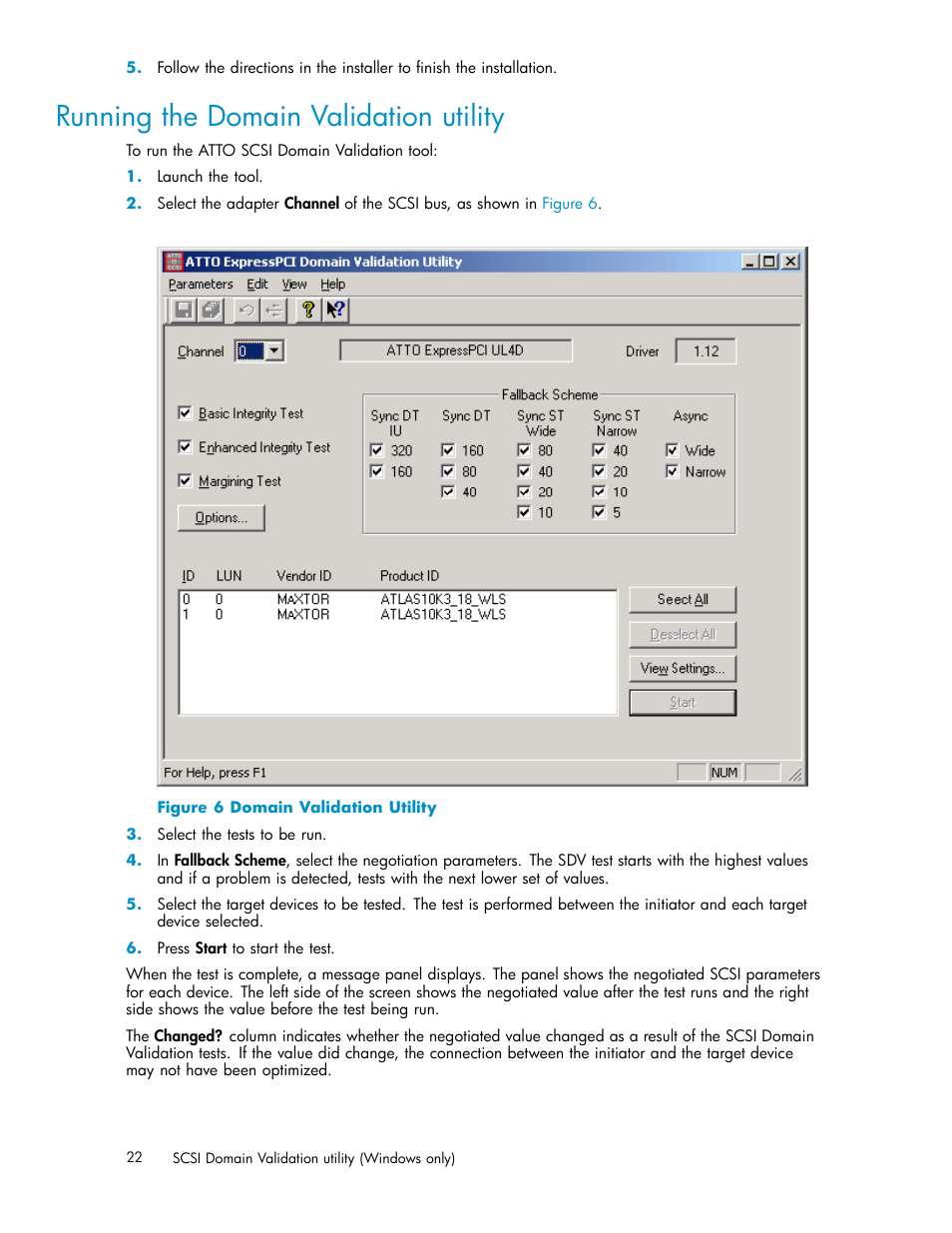 Running the domain validation utility, Domain validation utility | HP PCIe U320 SCSI Host Bus Adapter User Manual | Page 22 / 61