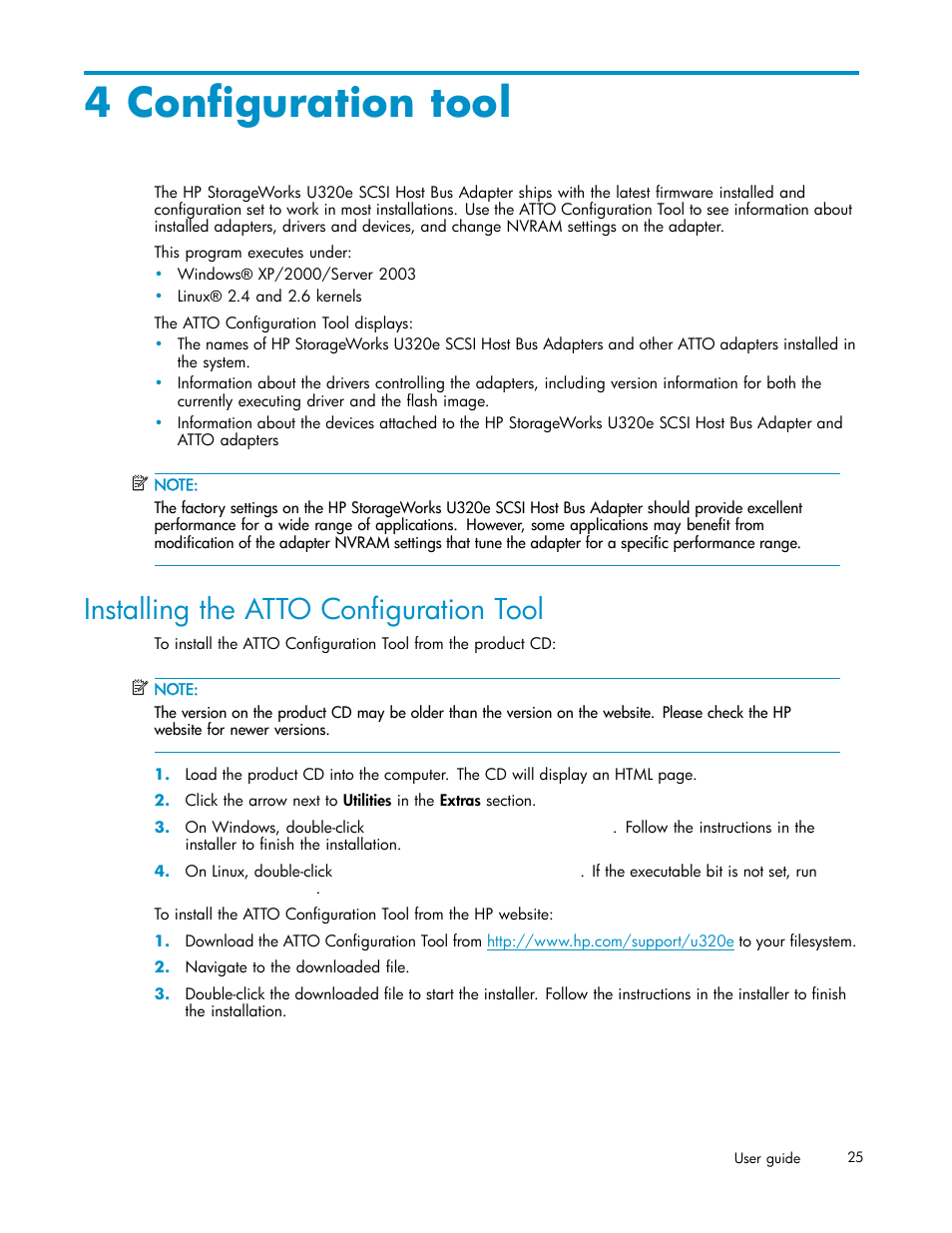 Installing the atto configuration tool, 4 configuration tool | HP PCIe U320 SCSI Host Bus Adapter User Manual | Page 25 / 61