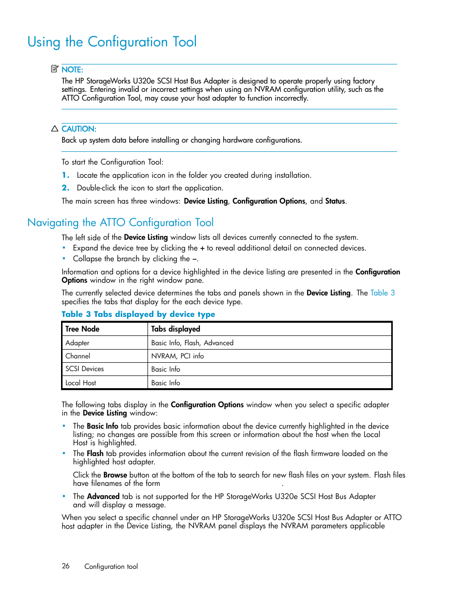 Using the configuration tool, Navigating the atto configuration tool, Tabs displayed by device type | HP PCIe U320 SCSI Host Bus Adapter User Manual | Page 26 / 61