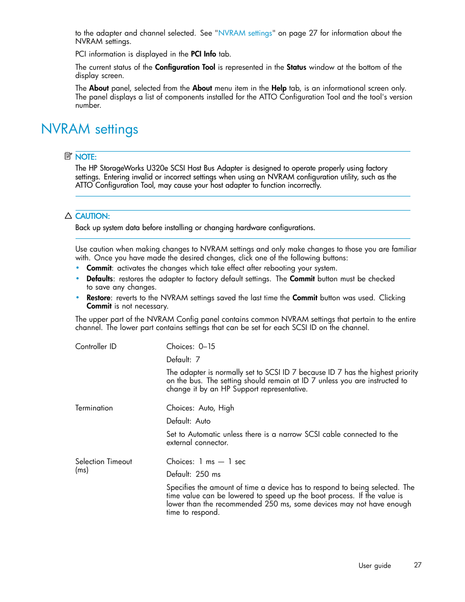 Nvram settings | HP PCIe U320 SCSI Host Bus Adapter User Manual | Page 27 / 61