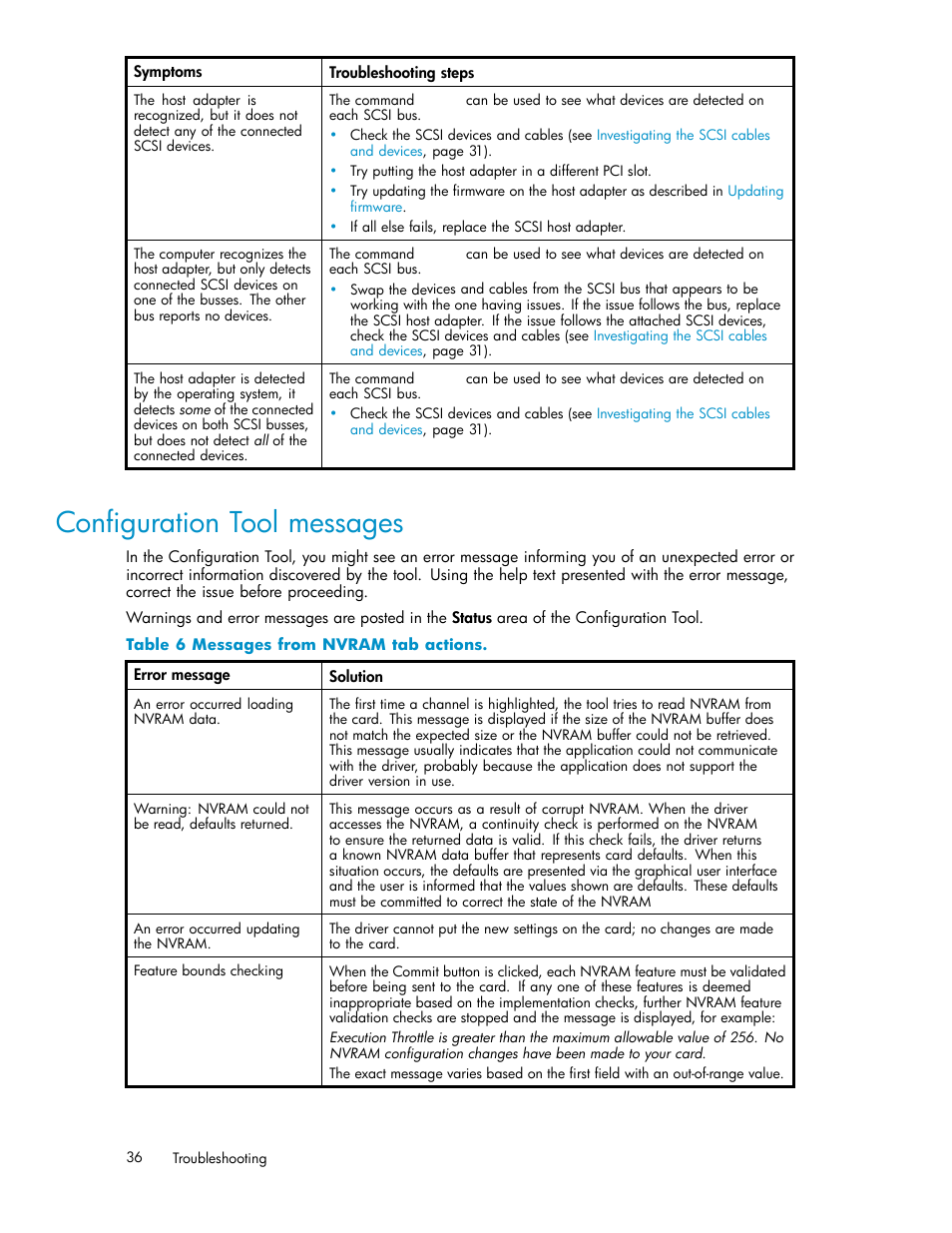 Configuration tool messages, Messages from nvram tab actions | HP PCIe U320 SCSI Host Bus Adapter User Manual | Page 36 / 61