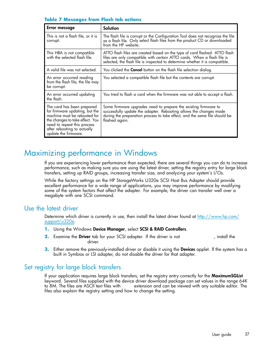 Maximizing performance in windows, Use the latest driver, Set registry for large block transfers | Messages from flash tab actions | HP PCIe U320 SCSI Host Bus Adapter User Manual | Page 37 / 61