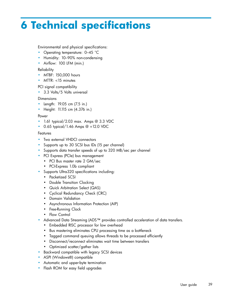 6 technical specifications, Technical, Specifications | HP PCIe U320 SCSI Host Bus Adapter User Manual | Page 39 / 61