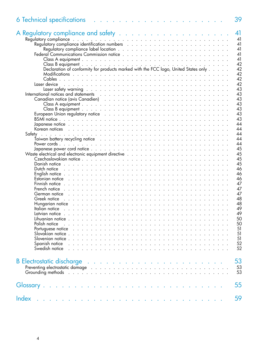 B electrostatic discharge, Glossary index | HP PCIe U320 SCSI Host Bus Adapter User Manual | Page 4 / 61