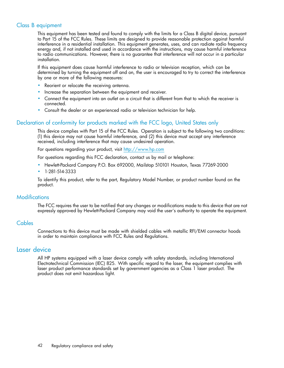 Class b equipment, Modifications, Cables | Laser device | HP PCIe U320 SCSI Host Bus Adapter User Manual | Page 42 / 61