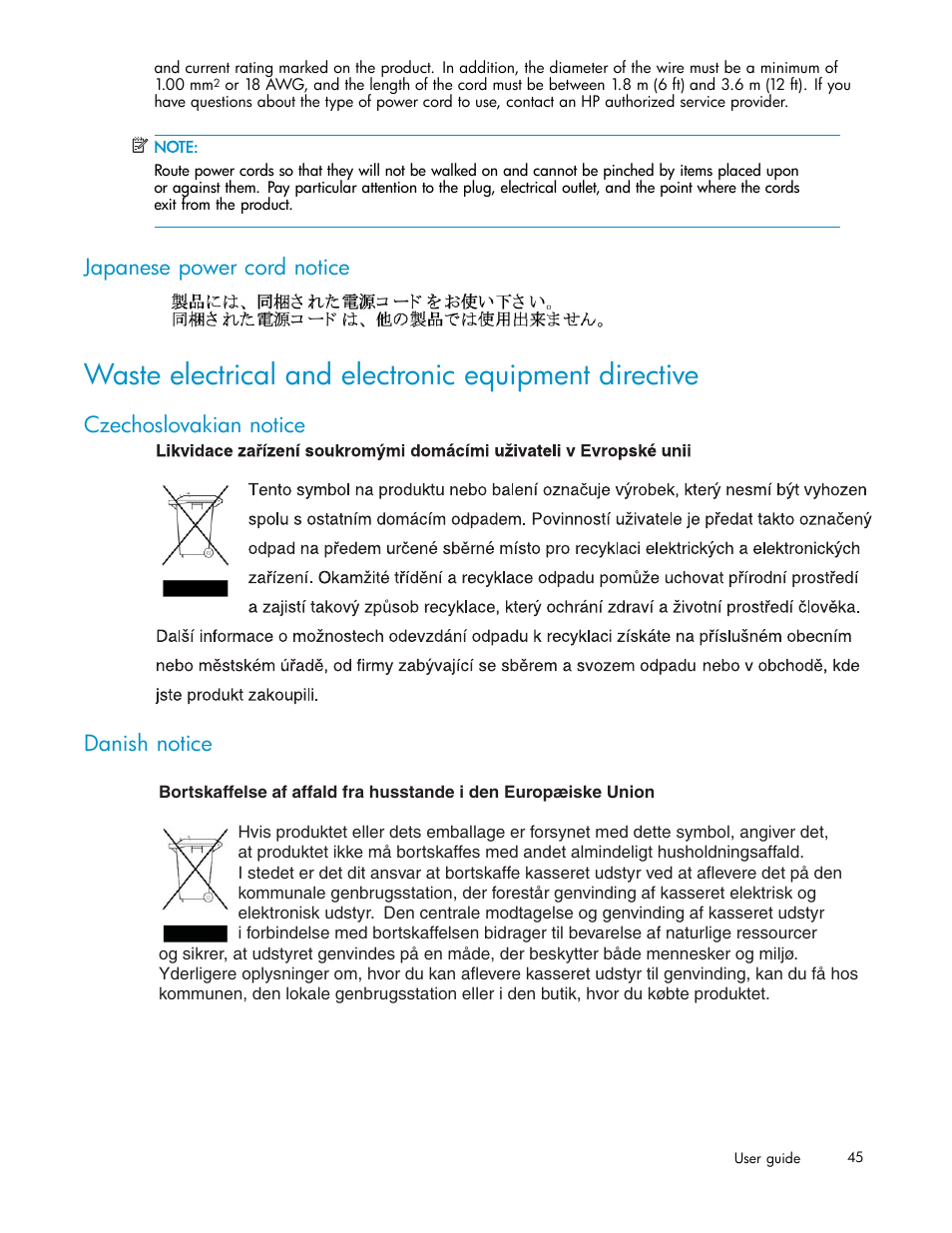 Japanese power cord notice, Czechoslovakian notice, Danish notice | Czechoslovakian notice danish notice | HP PCIe U320 SCSI Host Bus Adapter User Manual | Page 45 / 61