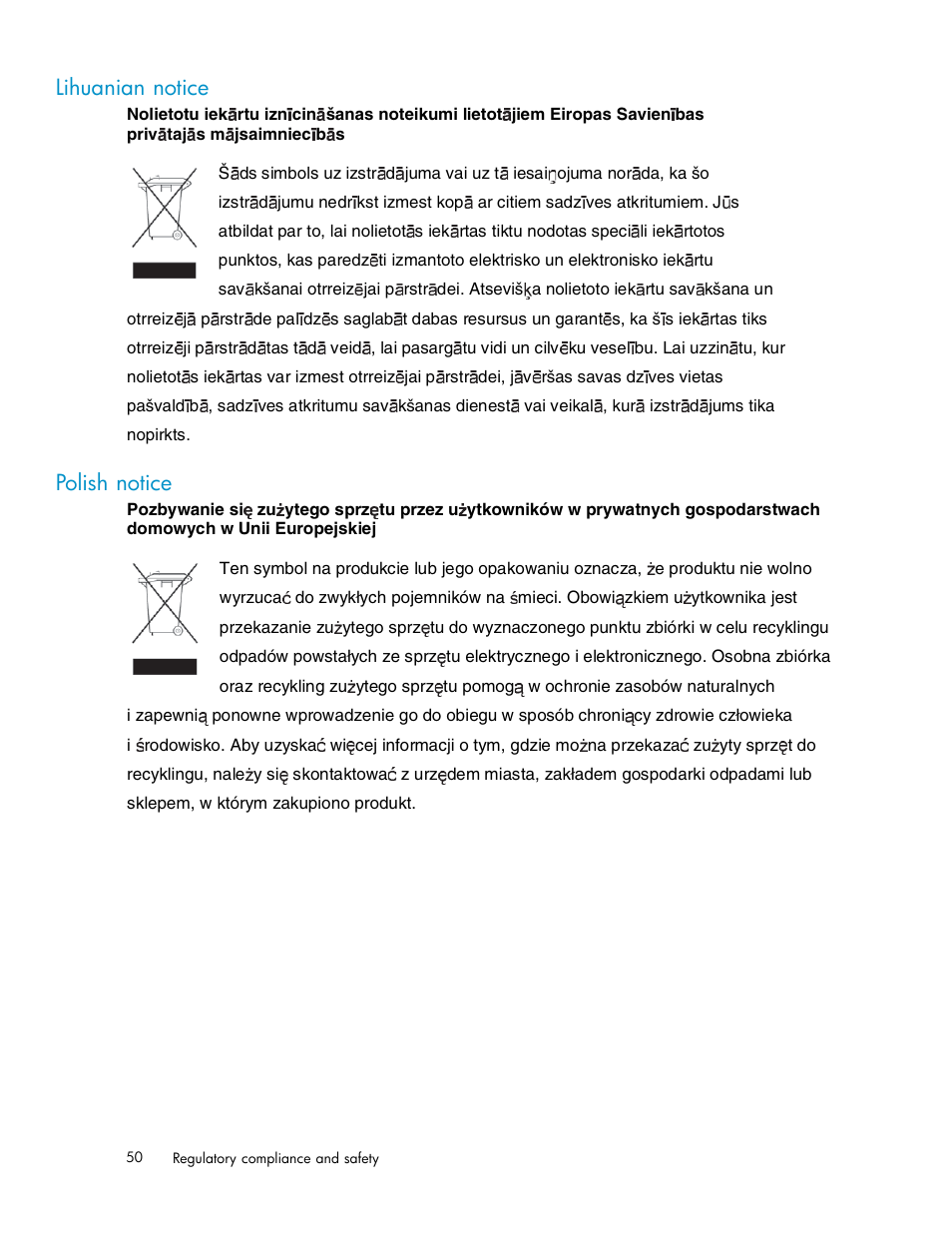 Lihuanian notice, Polish notice | HP PCIe U320 SCSI Host Bus Adapter User Manual | Page 50 / 61