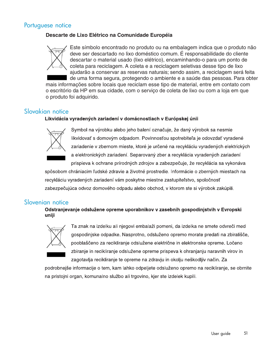 Portuguese notice, Slovakian notice, Slovenian notice | HP PCIe U320 SCSI Host Bus Adapter User Manual | Page 51 / 61