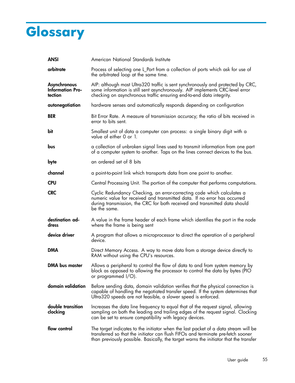 Glossary | HP PCIe U320 SCSI Host Bus Adapter User Manual | Page 55 / 61