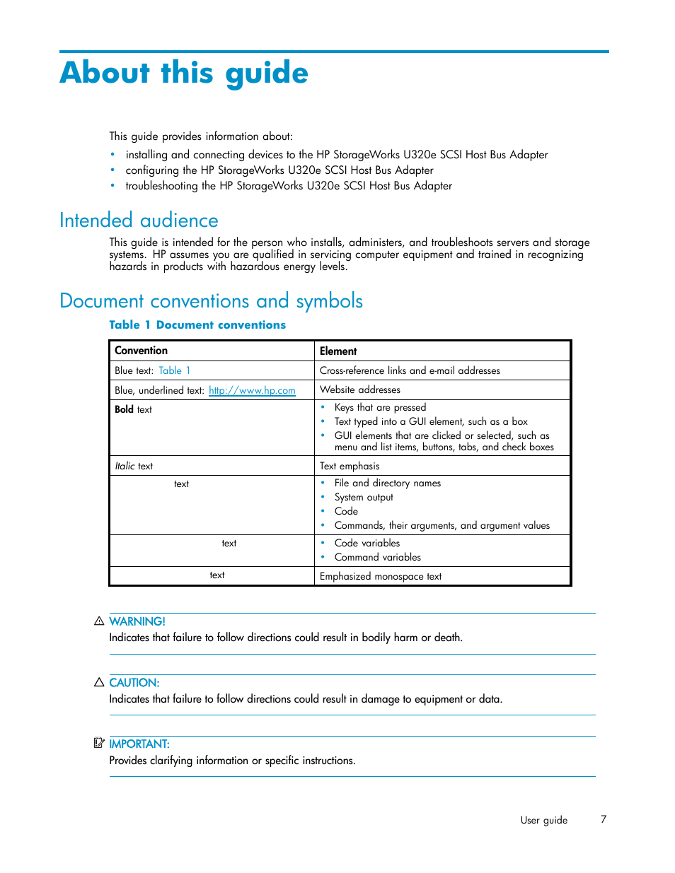 About this guide, Intended audience, Document conventions and symbols | Document conventions | HP PCIe U320 SCSI Host Bus Adapter User Manual | Page 7 / 61