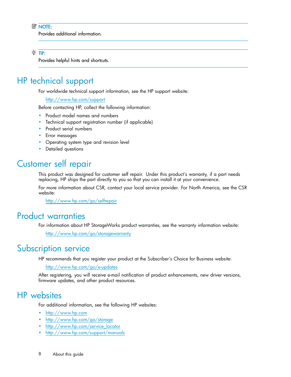 Hp technical support, Customer self repair, Product warranties | Subscription service, Hp websites, Documentation feedback | HP PCIe U320 SCSI Host Bus Adapter User Manual | Page 8 / 61