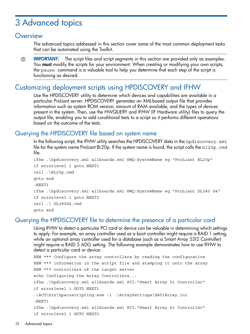 3 advanced topics, Overview, Querying the hpdiscovery file based on system name | HP ProLiant DL380 Server User Manual | Page 12 / 67